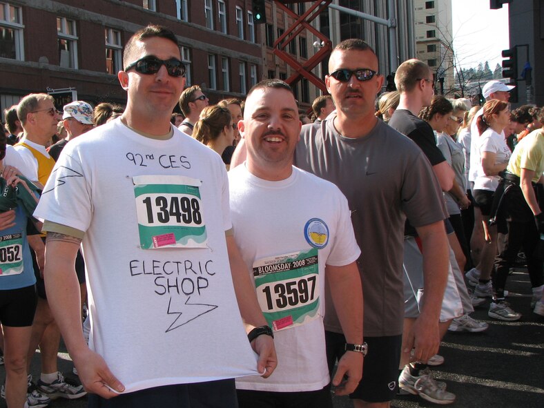 FAIRCHILD AIR FORCE BASE, Wash. – Tech. Sgt. Eric Meza, 92nd Civil Engineer Squadron, sports a self-decorated t-shirt displaying organizational pride at the Lilac Bloomsday Run in Spokane, Wash., May 4. Sergeant Meza started the race with Tech. Sgt. Ehrman and Tech. Sgt. Williams, also for the 92nd CES. (U.S. Air Force photo / Senior Airman Jocelyn Ford)
