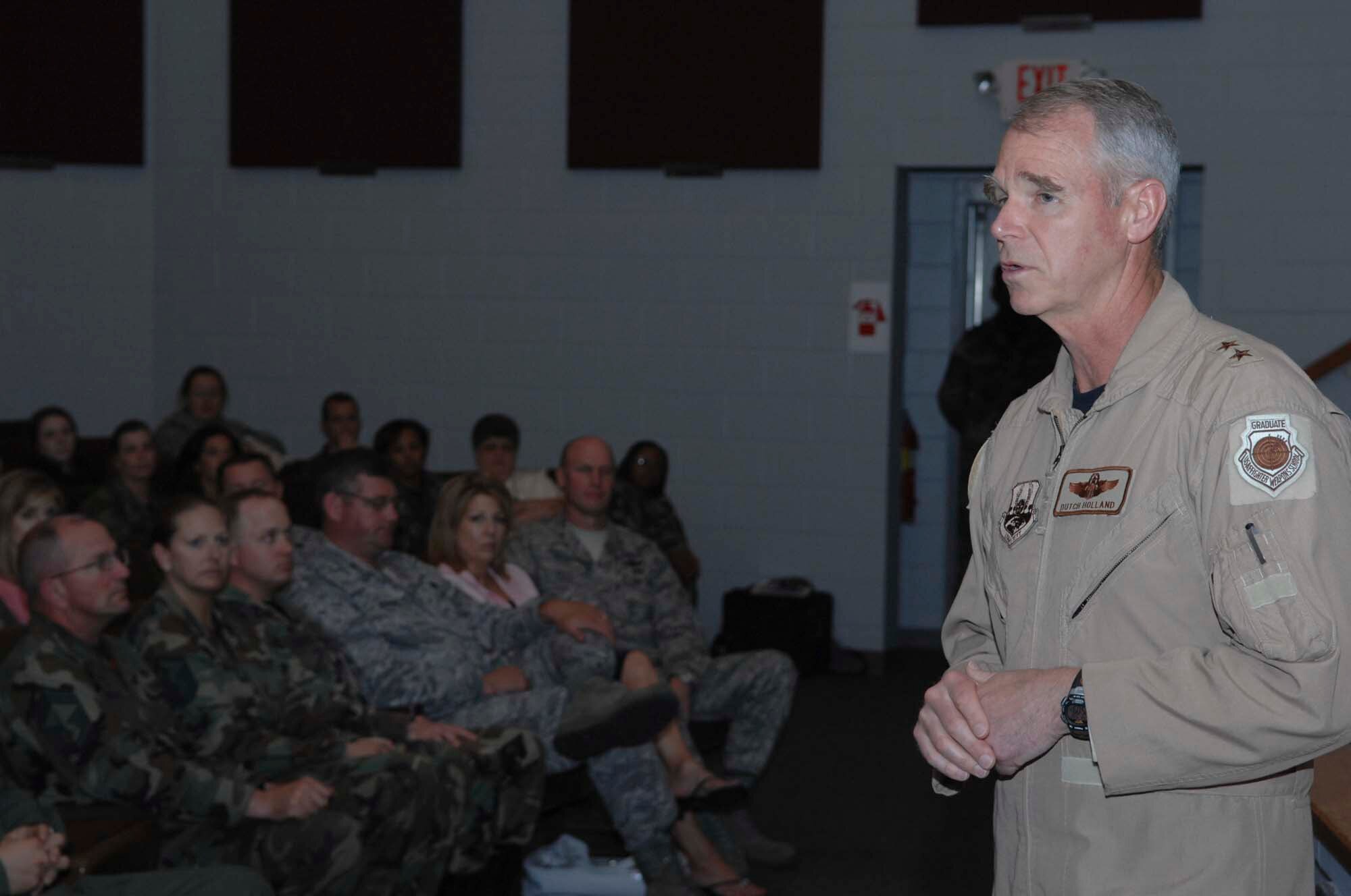 SHAW AIR FORCE BASE, S.C.-- Maj. Gen. William Holland, 9th Air Force vice commander and U.S. Central Command Air Forces deputy commander, speaks to 
Airmen and their families at the Pre-Deployment Fair May 2. The Pre-Deployment Fair raises awareness for active duty personnel and their families on what to expect during a deployment. (U.S. Air Force photo/Airman 1st Class Mathew Davis)