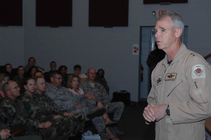 SHAW AIR FORCE BASE, S.C.-- Maj. Gen. William Holland, 9th Air Force vice commander and U.S. Central Command Air Forces deputy commander, speaks to Airmen and their families at the Pre-Deployment Fair May 2. The Pre-Deployment Fair raises awareness for active duty personnel and their families on what to expect during a deployment. (U.S. Air Force photo/Airman 1st Class Mathew Davis)