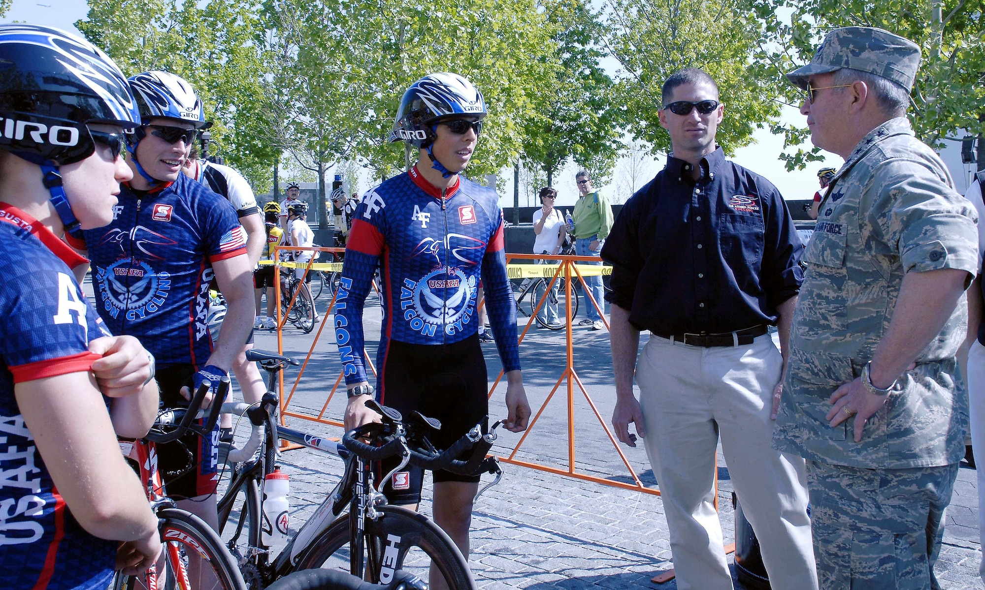 Gen. Duncan J. McNabb greets members of the U.S. Air Force Academy collegiate cycling team at the U.S. Air Force Cycling Classic held May 4 in Arlington, Va. Proceeds from the event, which featured both amateur and professional cyclists, will benefit U.S. military members who suffer from traumatic brain injuries.  General McNabb is the Air Force vice chief of staff. (U.S. Air Force photo/Staff Sgt. Monique Randolph)
