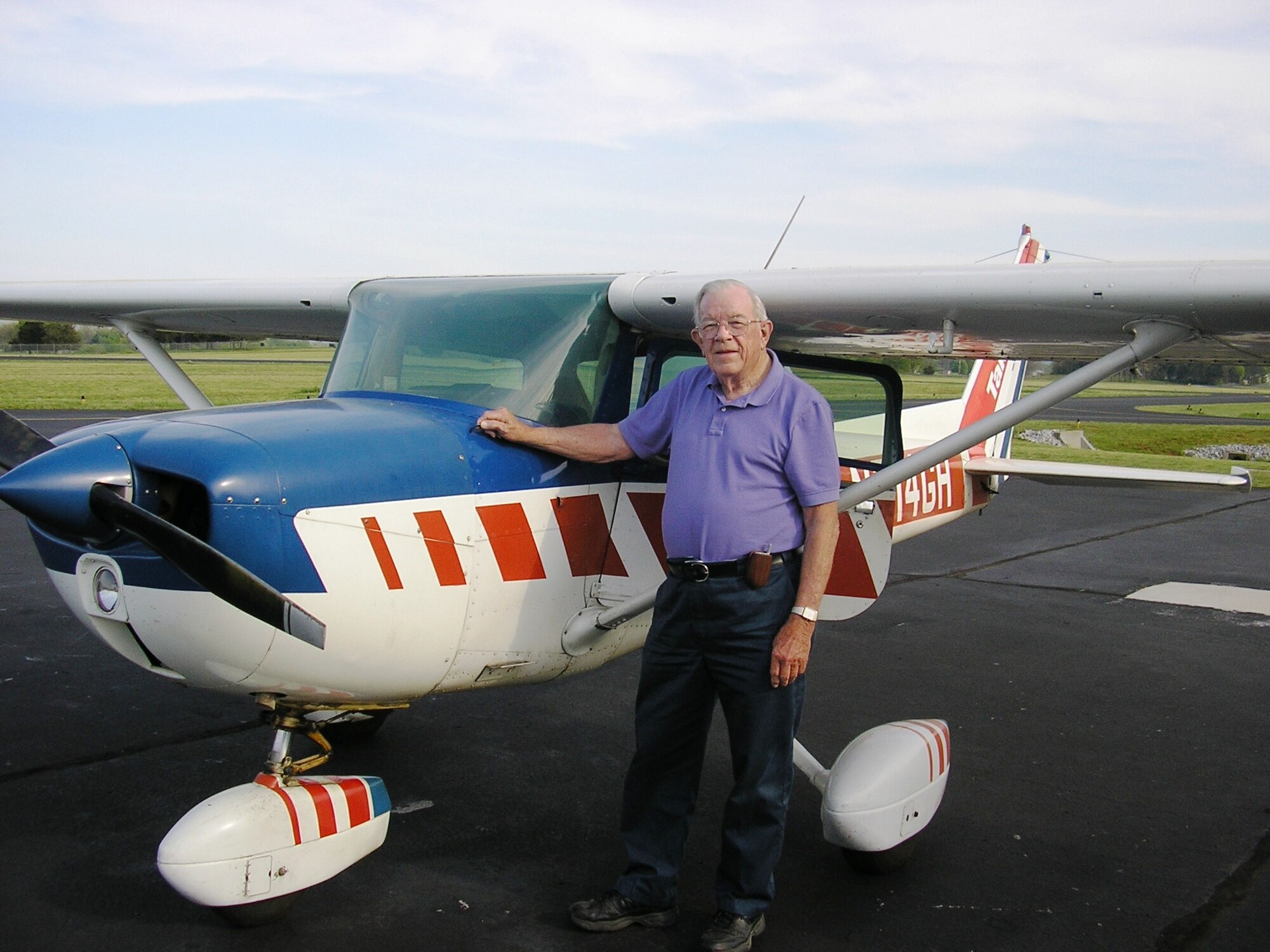 Retired Arnold Engineering Development Center engineer Bob Ansley poses by his 1977 Cessna 150 aircraft at the Winchester City, Tenn., Airport. He earned his pilot’s wings in 1952. (Photo provided)