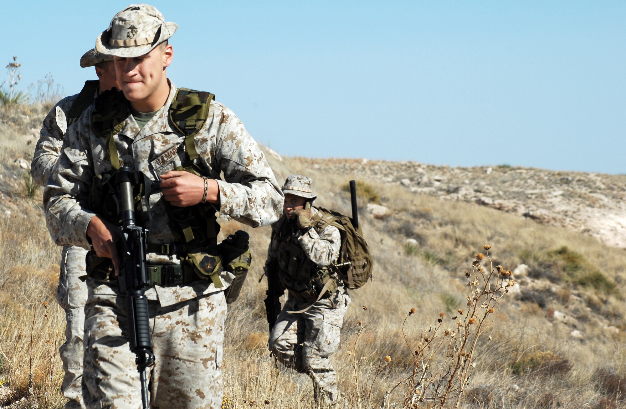 CANNON AIR FORCE BASE, N.M. -- Marine reservist Cpl. Jarod Beasley, Delta Company, 4th Reconnaissance Battalion, and his team provide security during Boss Lift 2008 at Melrose Bombing Range, on May 3. Boss Lift provides civilian employers the opportunity to watch their employees undergo military training.  (U.S. Air Force photo/Airman 1st Class Liliana Moreno)
