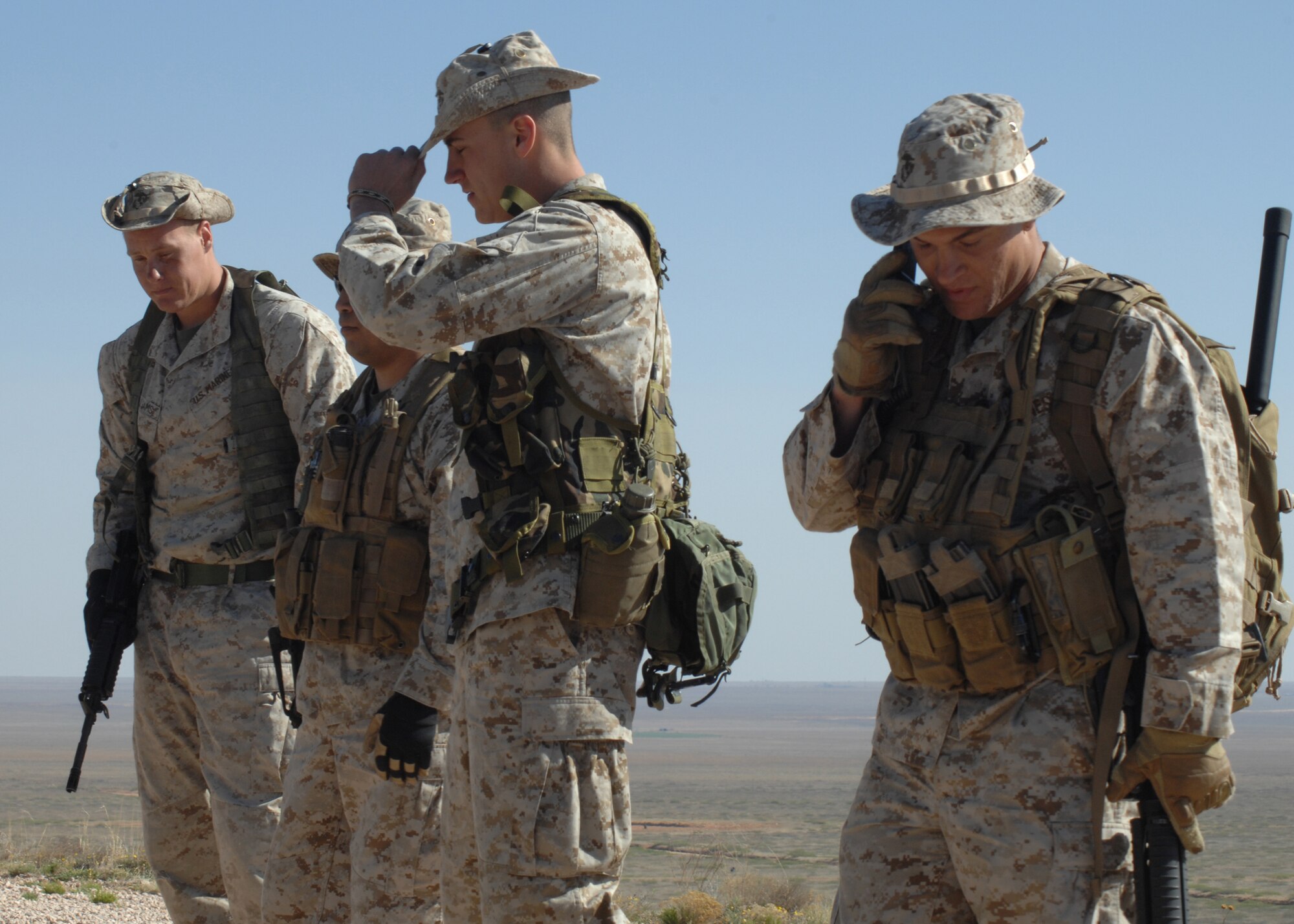 CANNON AIR FORCE BASE, N.M. -- Marines from the 4th Recon Delta Company, provide security during a training exercise at Melrose Bombing Range, on May 3.  The conducts reconnaissance and provides security for force operations.  (U.S. Air Force photo/Airman 1st Class James Bell)