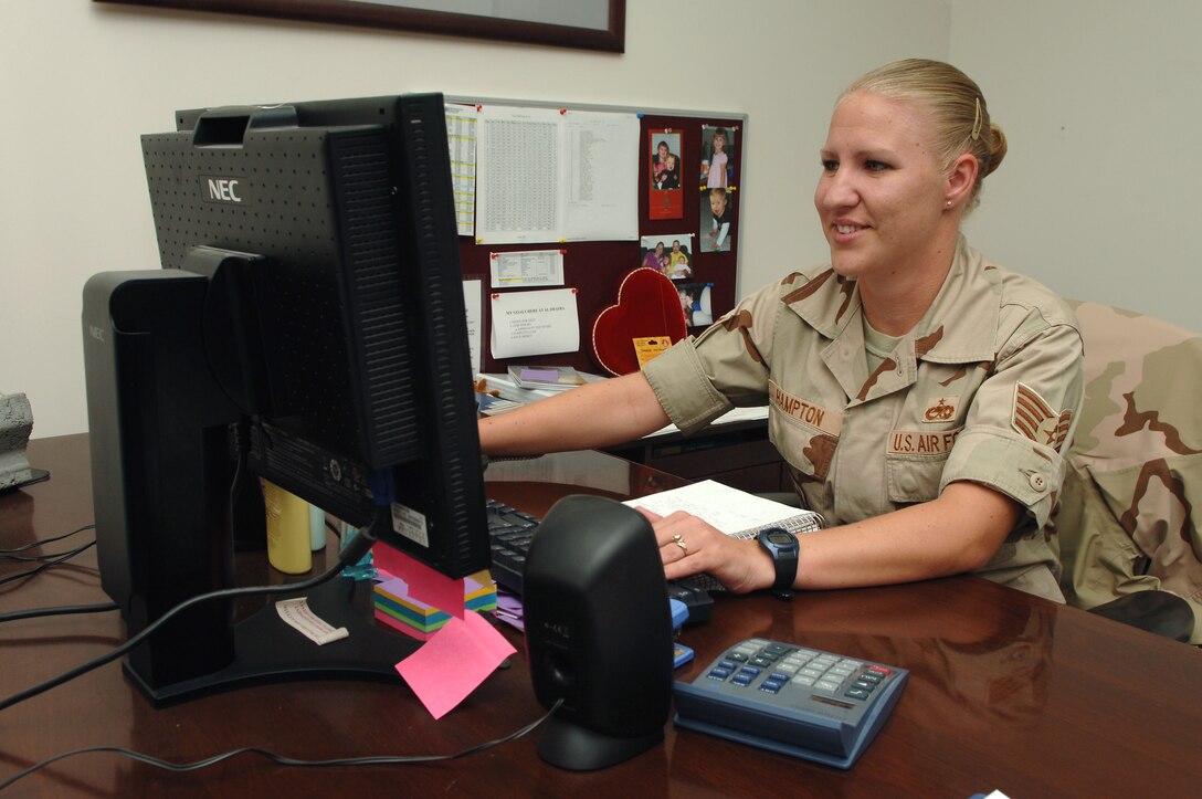 Staff Sgt. Carrie Hampton, 380th Expeditionary Maintenance Squadron E-3 Sentry maintenance analyst, analyzes data at her work station at a base in Southwest Asia, April 23, 2008. Sergeant Hampton was the 380th Air Expeditionary Wing's Warrior of the Week for the week of April 25, 2008. (U.S. Air Force photo/ Senior Airman Levi Riendeau)