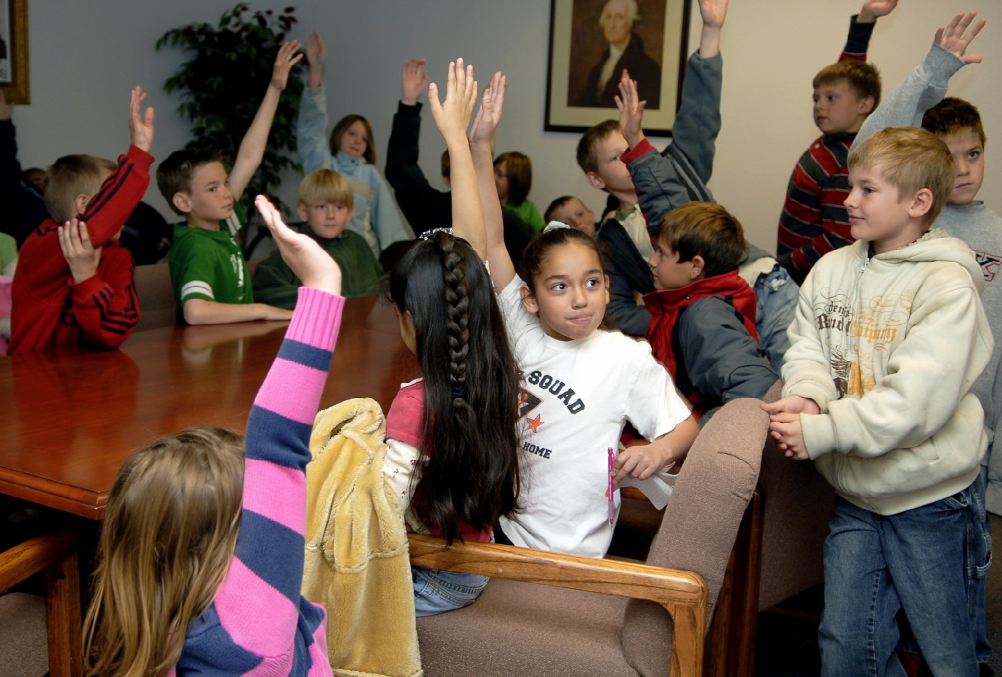 MOUNTAIN HOME AIR FORCE BASE, Idaho -- Fourth graders from the Base Primary School debate whether Jack Robinson, from the children’s story Jack and the Beanstalk, is guilty of murdering the ogre during a mock trial hosted by the 366th Fighter Wing Legal Office as part of Law Day April 30. After deliberation, Jack was found innocent. Sponsored by the American Bar Association, Law Day is held May 1, and this year’s theme was “The Rule of Law: Foundation for Communities of Opportunity and Equity.” Children also made posters depicting their favorite laws. (U.S. Air Force photo/Airman 1st Class Samantha S. Crane)