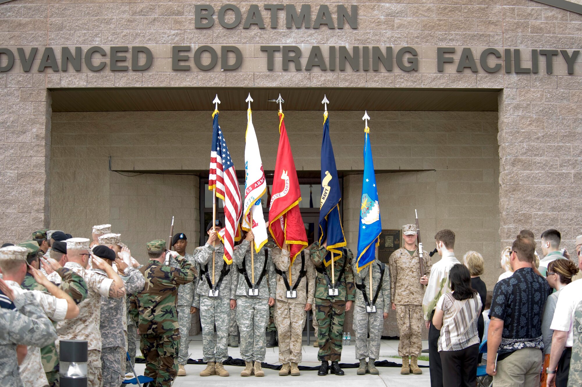 EGLIN AFB, Fla. -- An honor guard stands at attention during the dedication of the Advanced Improvised Explosive Device Training Facility May 2. The facility was named after Gunnery Sgt. Darrell W. Boatman, U.S. Marine Corp who died Nov. 4, 2005, while performing EOD duties. (USAF photo by Debbie Haussermann)
