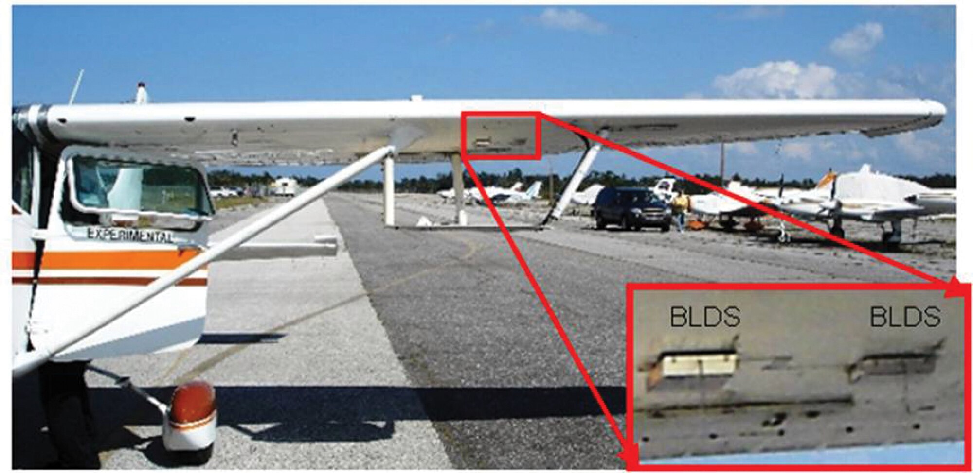 Boundary Layer Data System (BLDS-A) attached to the wing of a test aircraft