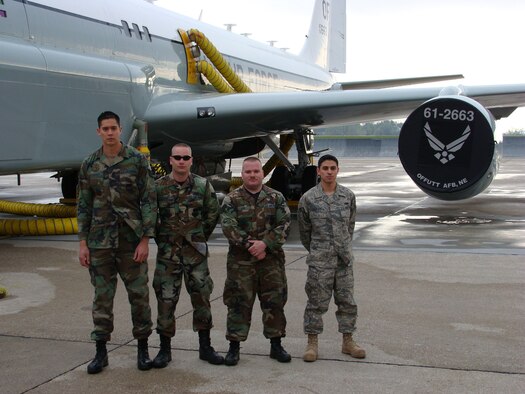 From left, Staff Sgt. David Loffeld and Senior Airmen Brian Schmidt, Anthony Liss and Kenneth Jarvis have earned their induction into the black letter flight club with the Cobra Ball 61-2663. A black letter flight is one with zero discrepancies on required forms before take-off. (U.S. Air Force Photo By/Tech Sgt. Jonathan Jenkins)                             