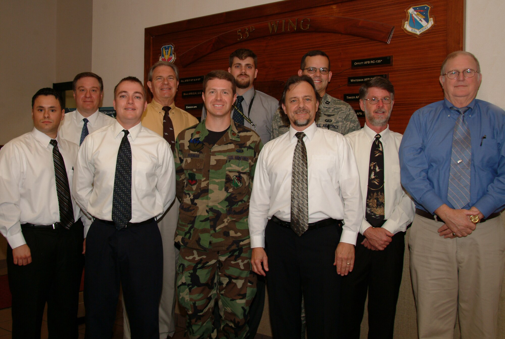 The Electronic Support Measures team recently won an engineering team award from Air Combat Command. The team was just one of seven other winners from the 53d Wing. Back Row (left to right) Gary Nordgulen, Robbie Roberts, Chad Bise and Capt. Jonathan Vinarskai. 
Front Row (left to right) Roberto Reyes, Jeno Nagy, (who also won an individual engineer award), Maj. Eric Furman, Ron Hall, Dennis Stuteville and Jack King.  Photo by Staff Sgt. Samuel King Jr.
