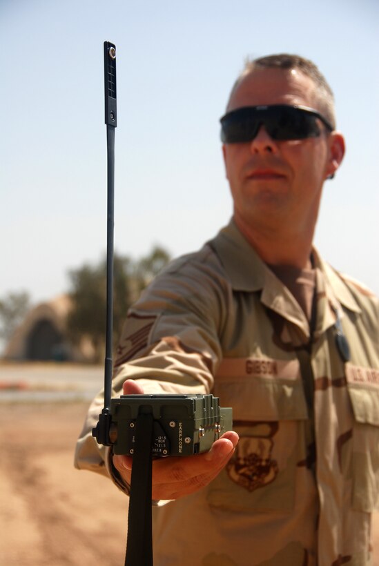 Master Sergeant John Gibsoni of the 112th EFS Life Support team, acquires satellites for PRC-112  survival radios at Balad Air Base. The 112th Fighter Squadron is deployed to Balad in support of Operation Iraqi Freedom. USAF Photo by TSgt Beth Holliker (Released).