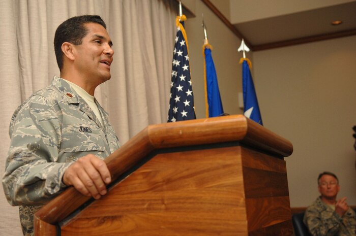 Maj. Anthony Jones, 99th Air Base Wing chief of exercise plans and programs, speaks to the crowd in attendance during his decoration ceremony at the Officers Club here Monday. Major Jones was awarded six decorations for his heroic actions while deployed to Camp Victory, Iraq. (U.S. Air Force Photo by/Senior Airman Larry E. Reid Jr.)