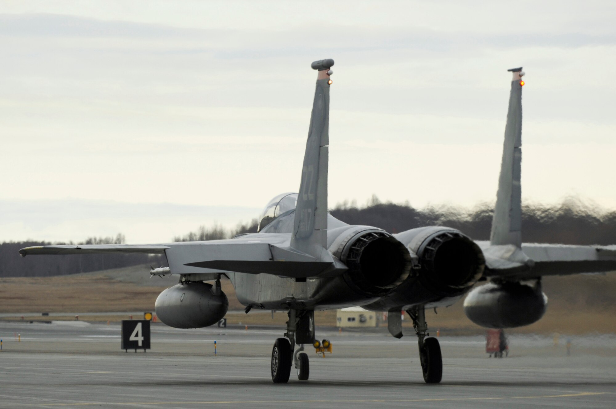 ELMENDORF AIR FORCE BASE, ALASKA -- An F-15 from the 67th Fighter Squadron, Kadena Air Force Base, Japan taxis for take off during Northern Edge '08. U.S. Military units stationed in the continental United States and the Pacific theater will participate in exercise Northern Edge 2008, a joint training exercise hosted by Alaskan Command scheduled for May 5-16. Approximately 5,000 Active Duty, Guard and Reserve component Soldiers, Sailors, Airman, Coast Guardsmen, and Marines will participate with over 120 aircraft from all the Services. (U.S. Air Force Photo by Master Sgt Keith Brown)