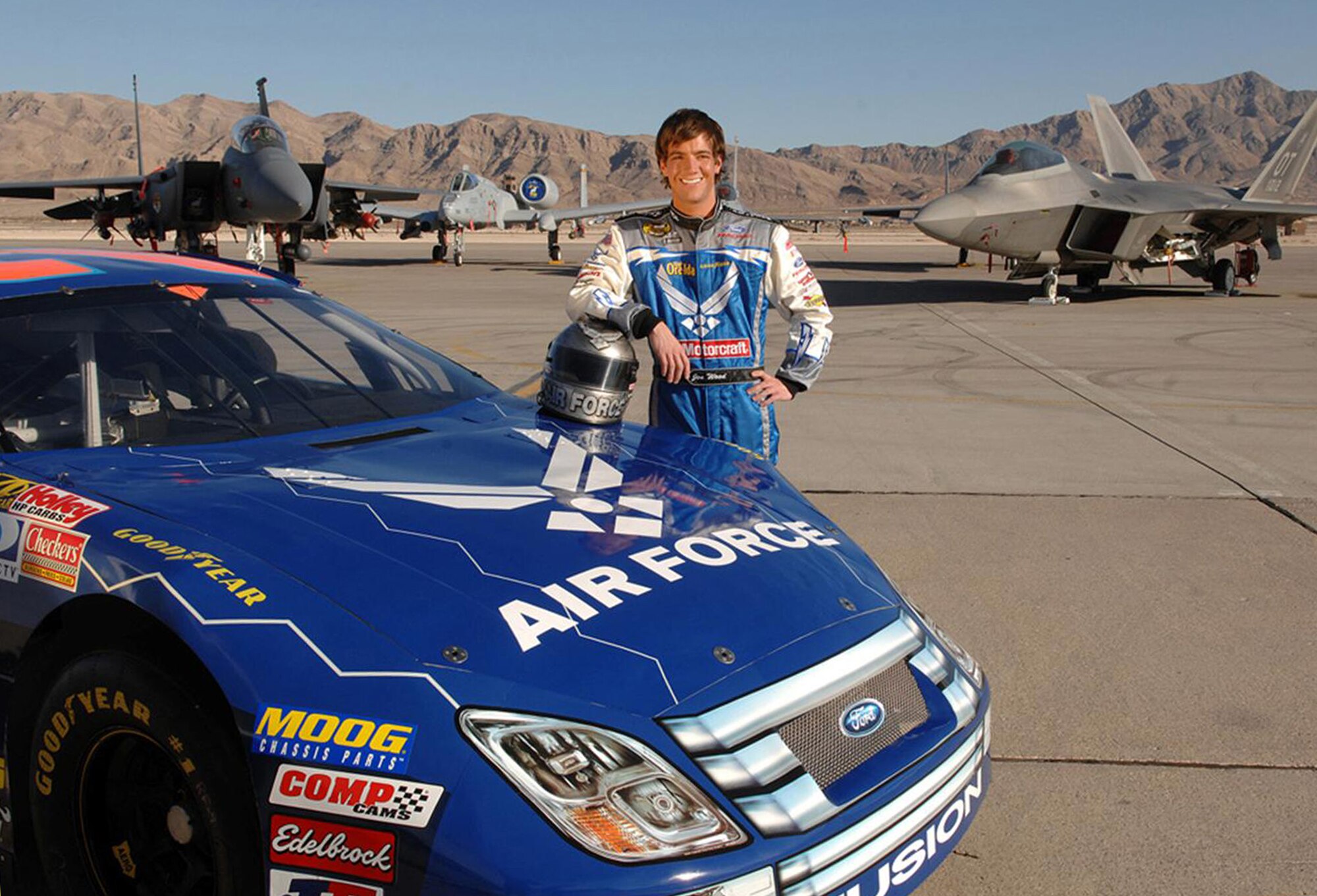 NASCAR driver Jon Wood poses for an Air Force Recruiting Service publicity photo. Driving car No. 21 Wood made his professional Nextel Cup Series debut in the Air Force paint scheme Ford Fusion at Las Vegas early in the 2007 season.
(by Master Sgt. Scott Reed)