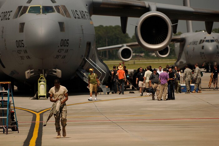 The Lifetime TV drama, "Army Wives," is filmed on the Charleston AFB flightline May 5. As a Defense Department-approved show, "Army Wives" is allowed to film episodes on the base. (U.S. Air Force photo/Senior Airman Nicholas Pilch)