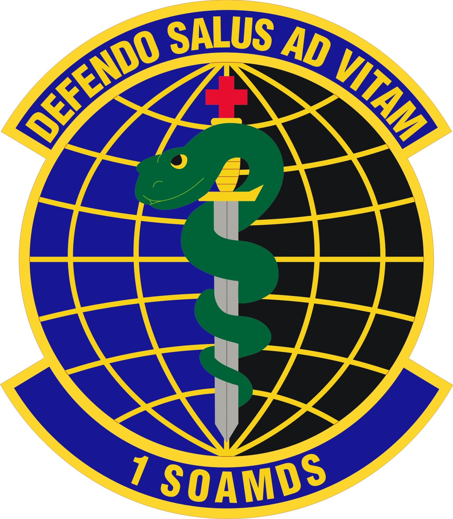 Emblem Significance: Ultramarine blue and Air Force yellow are the Air Force colors.  Blue alludes to the sky, the primary theater of Air Force operations.  Yellow refers to the sun and the excellence required of Air Force personnel.  The globe indicates the world-wide reach of the unit.  The division of the globe into night and day hemispheres depicts service at all hours.  The dagger represents the Air Force Special Operations Command.  The Greek cross, also known as the “crux immissa quadrata,” represents urgent medical care.  The cross combined with the dagger signifies medical support of the military units.  The serpent entwined around the dagger is a reference to the Rod of Aesculapius, the ancient Greek symbol associated with the healing aspect of the medical arts.  The motto, “DEFENDO SALUS AD VITAM” means “Defending Health for Life."