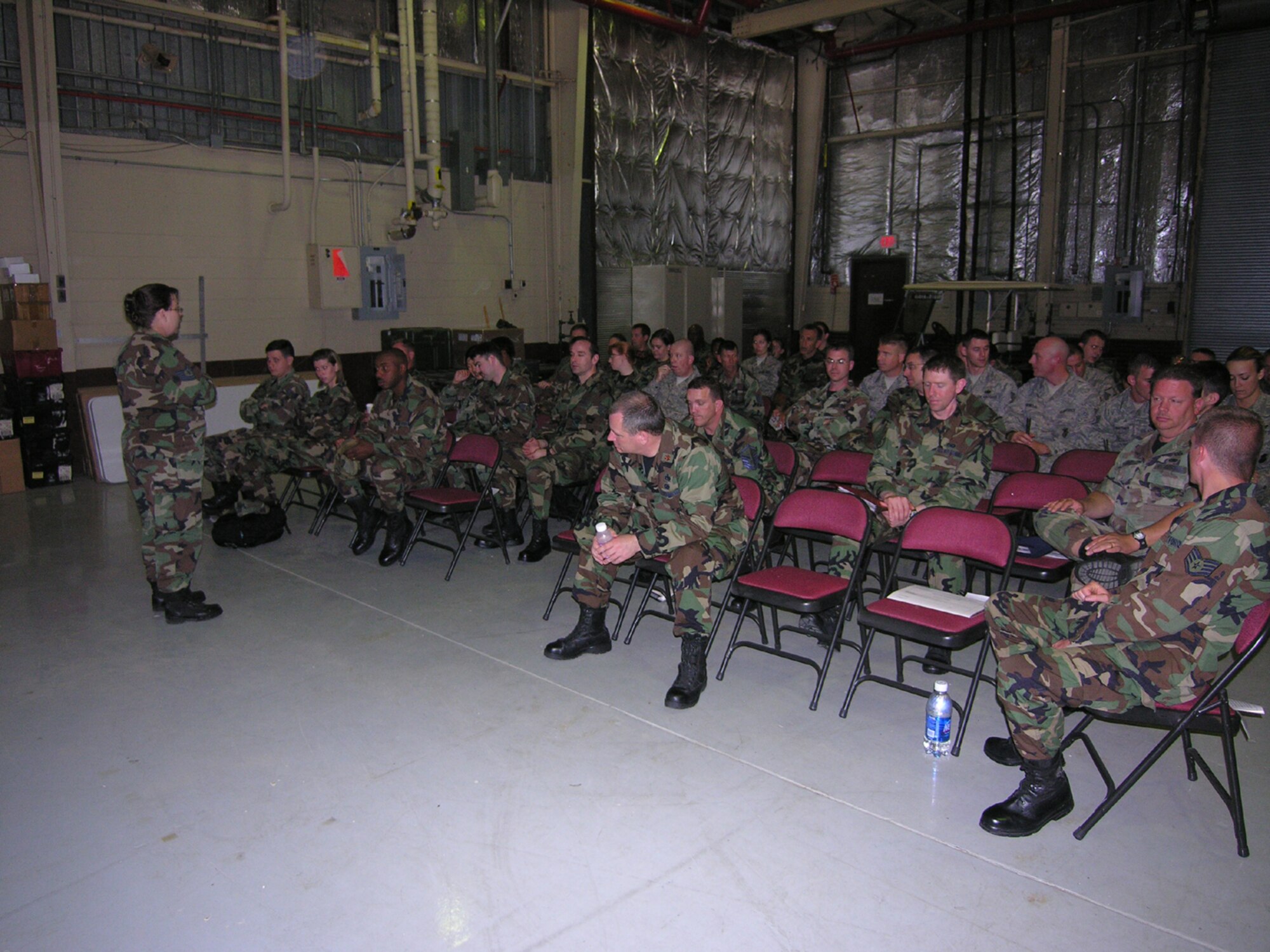 SEYMOUR JOHNSON AIR FORCE BASE, N.C. -- Hundreds of reservists from the 916th Air Refueling Wing prepare to outprocess as part of a Generation Exercise conducted during the wing's May unit training assembly. The mock processing also consisted of two days of preparing aircrews and aircraft to evacuate based on a hurricane scenario and to deploy as part of a world situtation scenario. The wing is preparing for a critical Operational Readiness Inspection of its maintenance and flying packages. The inspection will occur in February 2009. U.S. Air Force photo/Capt. Shannon Mann