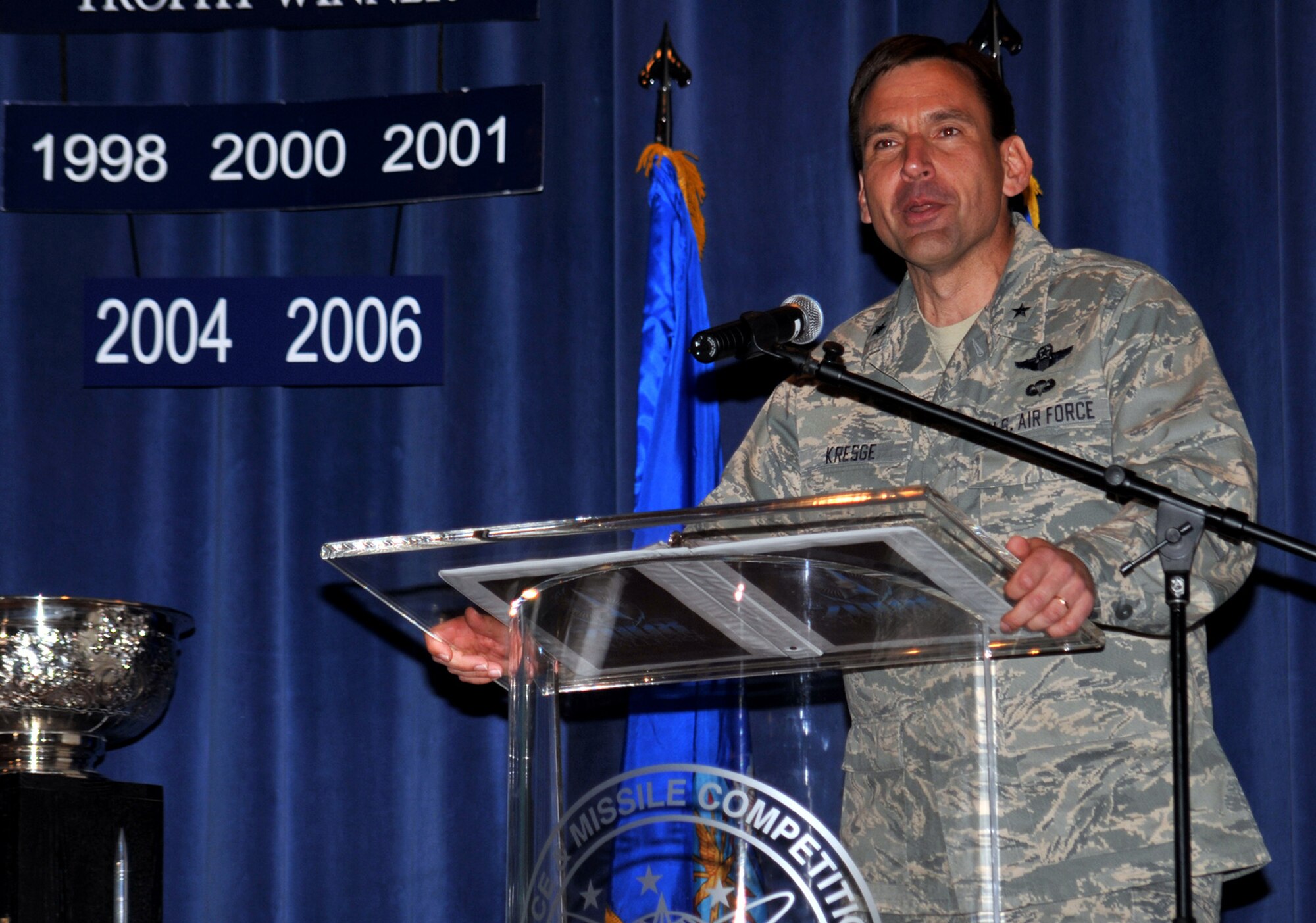 Brig. Gen. Ted Kresge, Air Force Space Command A-3 director, speaks to Guardian Challenge team members May 8 during the Guardian Challenge 2008 opening ceremony at Peterson Air Force Base, Colo. The GC teams descended on Peterson May 7 as they prepared for three days of GC events, including a golf tournament, space and missile forum and awards and dinner banquet May 9. The Guardian Challenge competition pits the command’s several space wings against each other to see whose the “best of the best” in areas of expertise, including security forces, communications, missile combat or satellite operations. (U.S. Air Force photo/Larry Hulst)