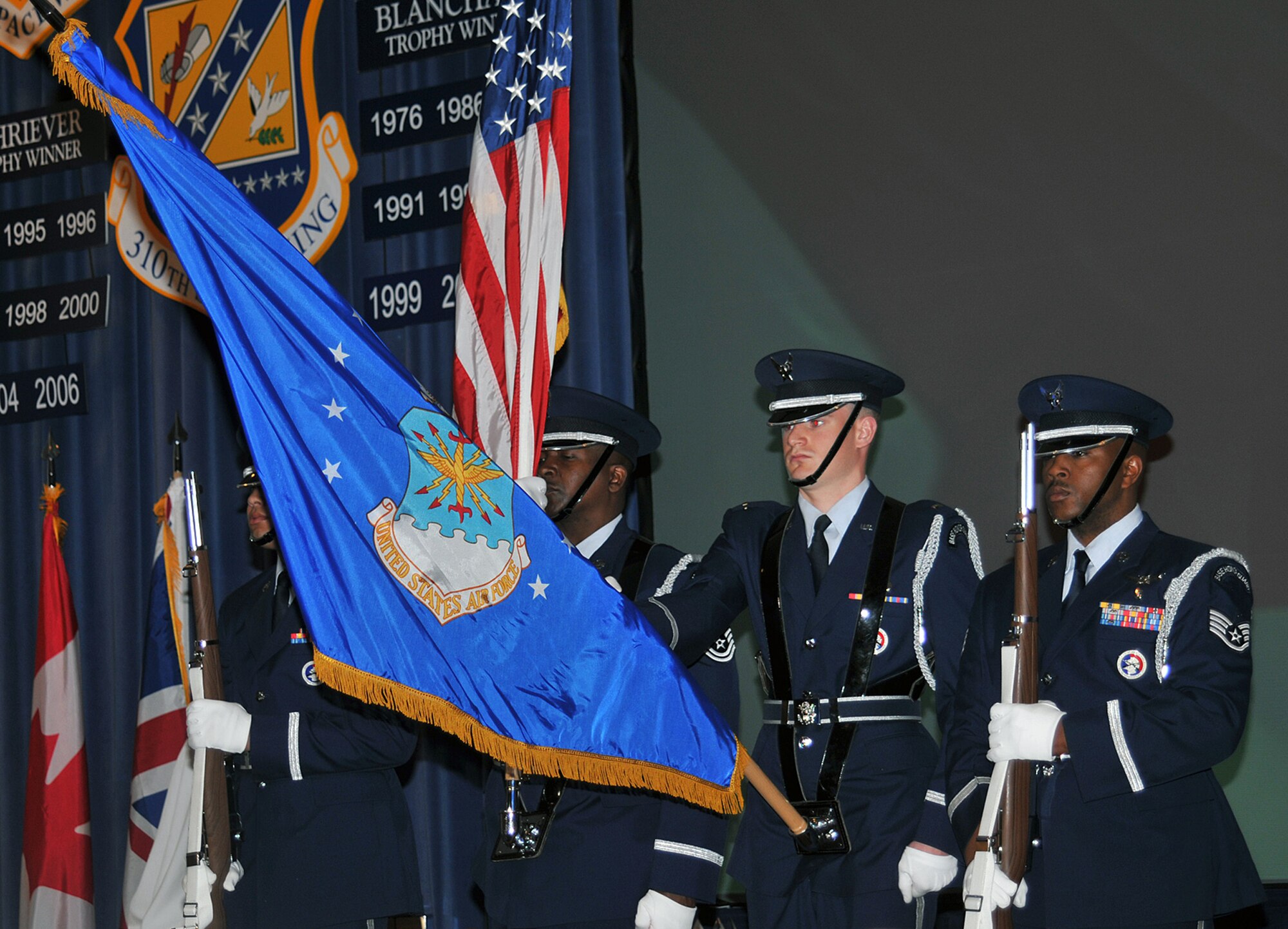 The High Frontier Honor Guard presents the colors May 8 during the Guardian Challenge 2008 opening ceremony at Peterson Air Force Base, Colo. The GC teams descended on Peterson May 7 as they prepared for three days of GC events, including a golf tournament, space and missile forum and awards and dinner banquet May 9. The Guardian Challenge competition pits the command’s several space wings against each other to see whose the “best of the best” in areas of expertise, including security forces, communications, missile combat or satellite operations. (U.S. Air Force photo/Larry Hulst)