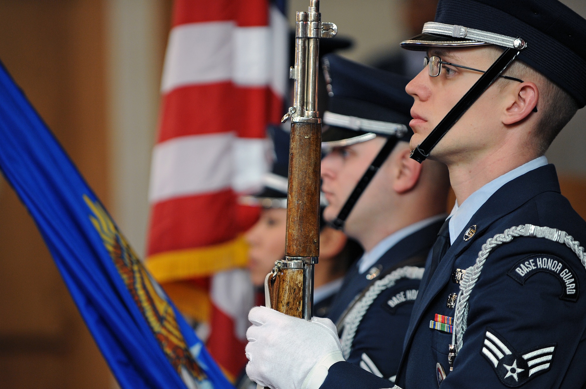 The Ellsworth honor guard posts the colors at a memorial service held in honor of Senior Airman Jonathan Yelner, 28th Aircraft Maintenance Squadron weapons load crew member here, May 8. Airman Yelner died April 29 near Bagram Air Base, Afghanistan, of wounds inflicted by an improvised explosive device. (U.S. Air Force photo/Senior Airman Marc I. Lane)