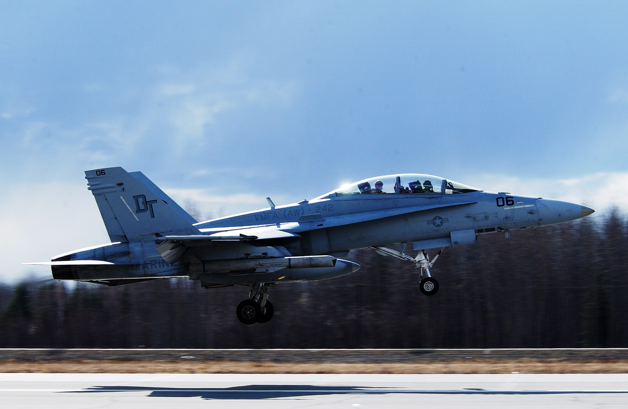 A Marine F/A-18 Hornet takes off for a training mission over the Pacific Alaskan Range Complex May 7, 2008, at Eielson Air Force Base, Alaska during Northern Edge 08 exercise. This is a joint training exercise hosted by Alaskan Command and is one of a series of U.S. Pacific Command exercises that prepare joint forces to respond to crises in the Asian Pacific region. (U.S. Air Force Photo/Airman 1st Class Jonathan Snyder)