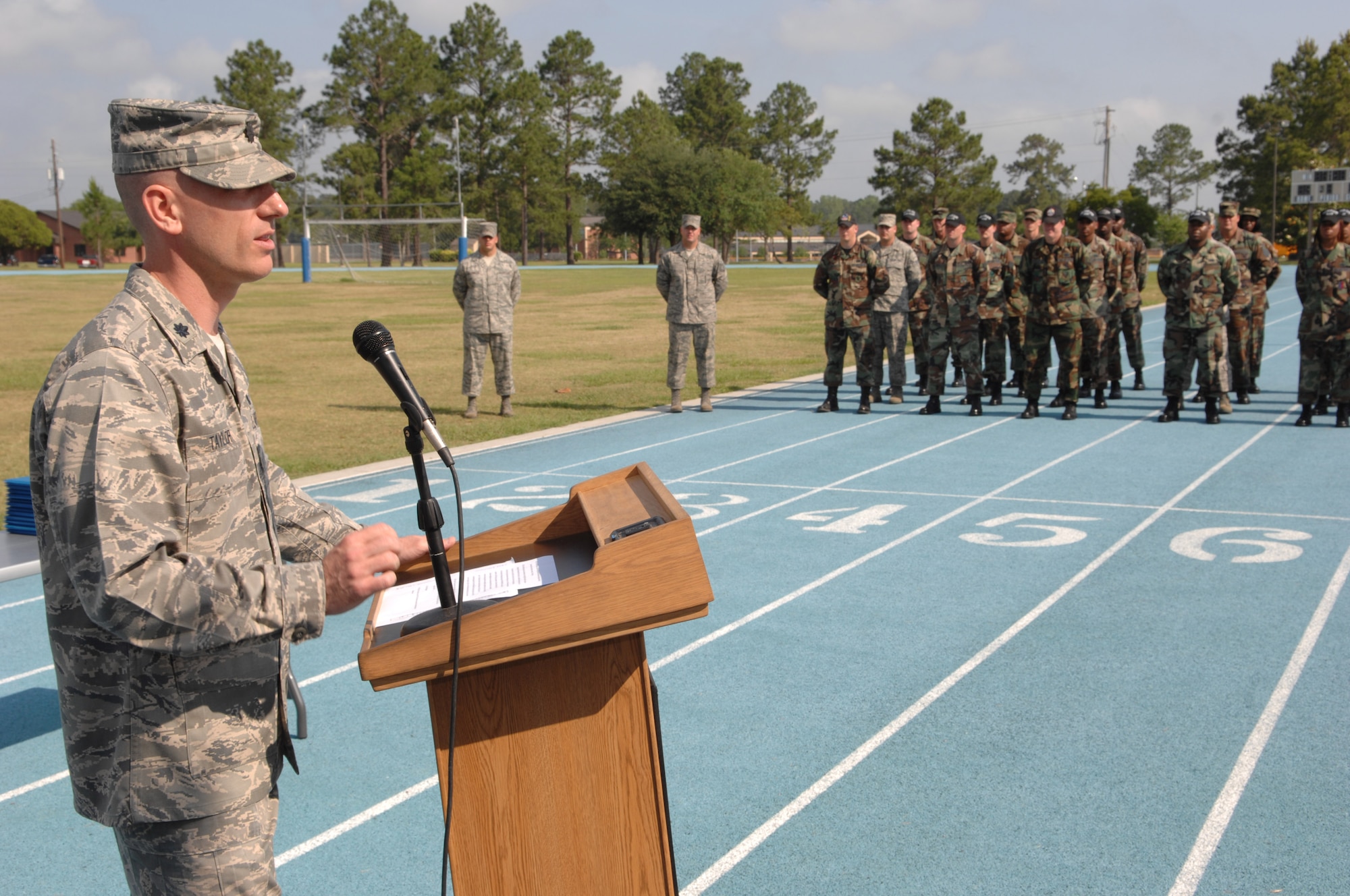 MOODY AIR FORCE BASE, Ga. – Lt. Col. Anthony Taylor, U.S Air Force Honor Guard commander, gives a commencement speech during the graduation ceremony here May 7.  During eight days of intensive training, members learned how to be pallbearers, perform duties of a firing party and present colors during all types of funerals. (U.S. Air Force photo by Senior Airman Angelita Lawrence) 