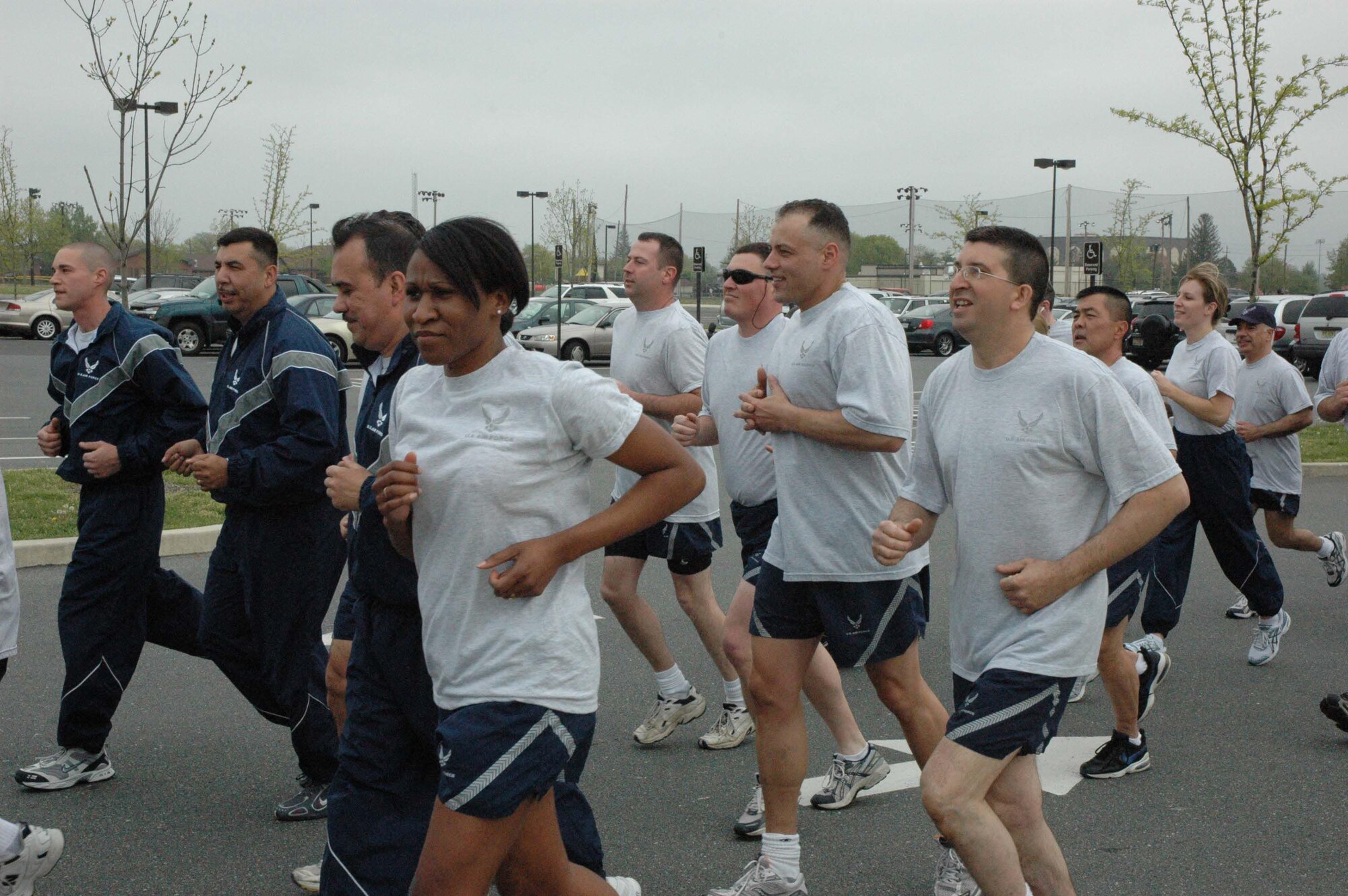 MCGUIRE AIR FORCE BASE, NJ - Reserve senior noncommissioned officers participate in a fitness run at the end of a Reserve drill workday. The monthly run gives  514th Air Mobility Wing members an opportunity to sing cadence while exercising as a group. (U.S. Air Force photo/Senior Airman William P. O'Neil III)