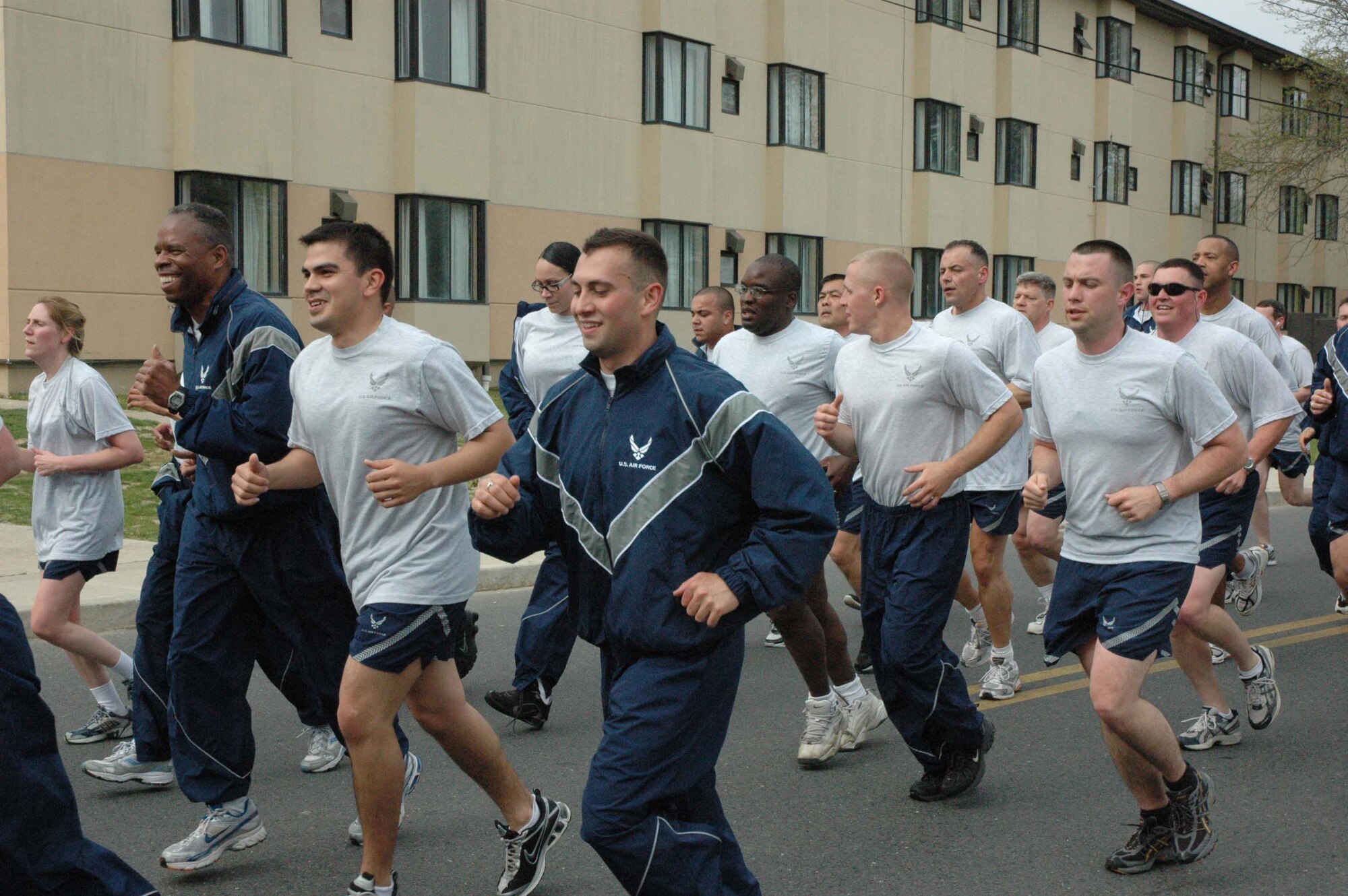 MCGUIRE AIR FORCE BASE, NJ - Airmen participate in a fitness run at the end of their Reserve drill workday. The monthly run gives  514th Air Mobility Wing members an opportunity to sing cadence while exercising as a group. (U.S. Air Force photo/Senior Airman William P. O'Neil III).