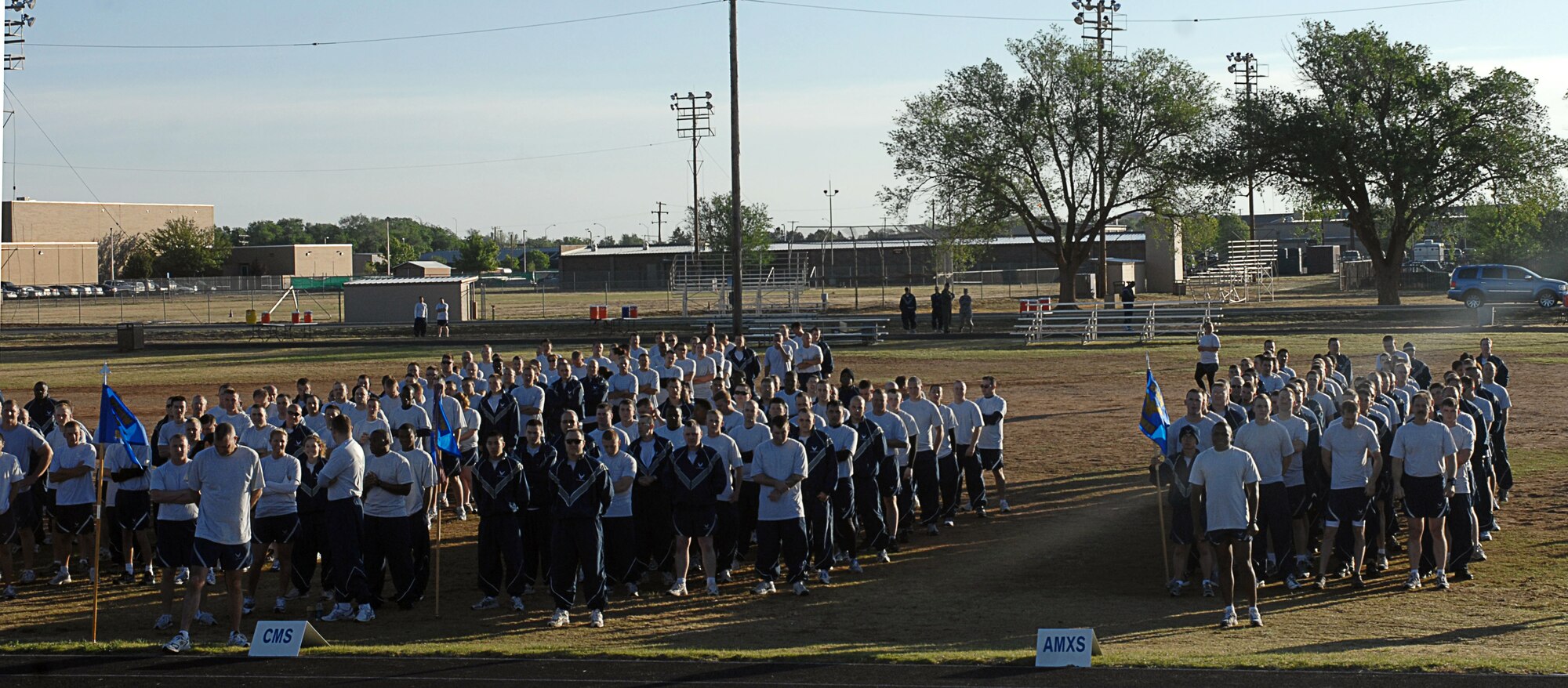 CANNON AIR FORCE BASE, N.M. - Airmen from the 27th Special Operations Component Maintenance Squadron and the 27th Special Operations Aircraft Maintenance Squadron stand in formation in preparation of the Commando Run May 8. The Commando Run is done the second Thursday of every month as part of the monthly wing training day. (U.S. Air Force photo/Airman 1st Class Liliana Moreno)