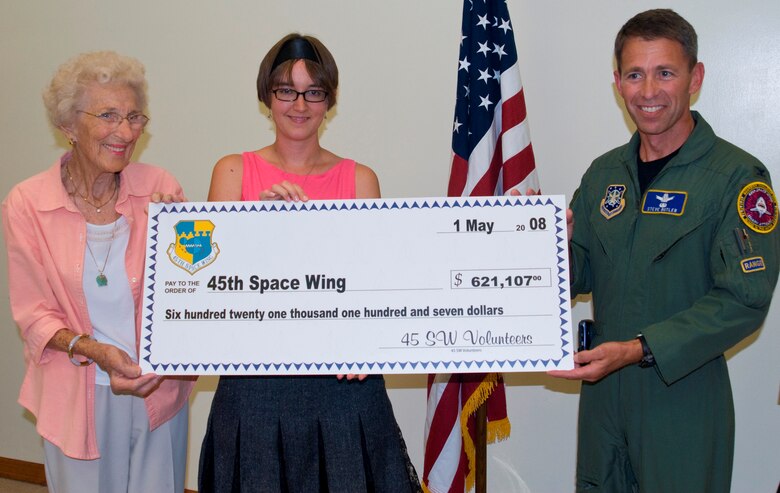Col. Stephen Butler, 45th Space Wing vice commander, accepts a “check” in the amount of $621,107 from Mary Rike, left, and Tamara Johnson at the Volunteer Appreciation Ice Cream Social at the Airman and Family Readiness Center May 1. The check represents the amount of money volunteers save the Wing each year. “When you see the actual ‘number’ of how much our volunteers contribute, you really have to step back and reflect on how very lucky we are,” said Colonel Butler. (U.S. Air Force photo by Jim Laviska)