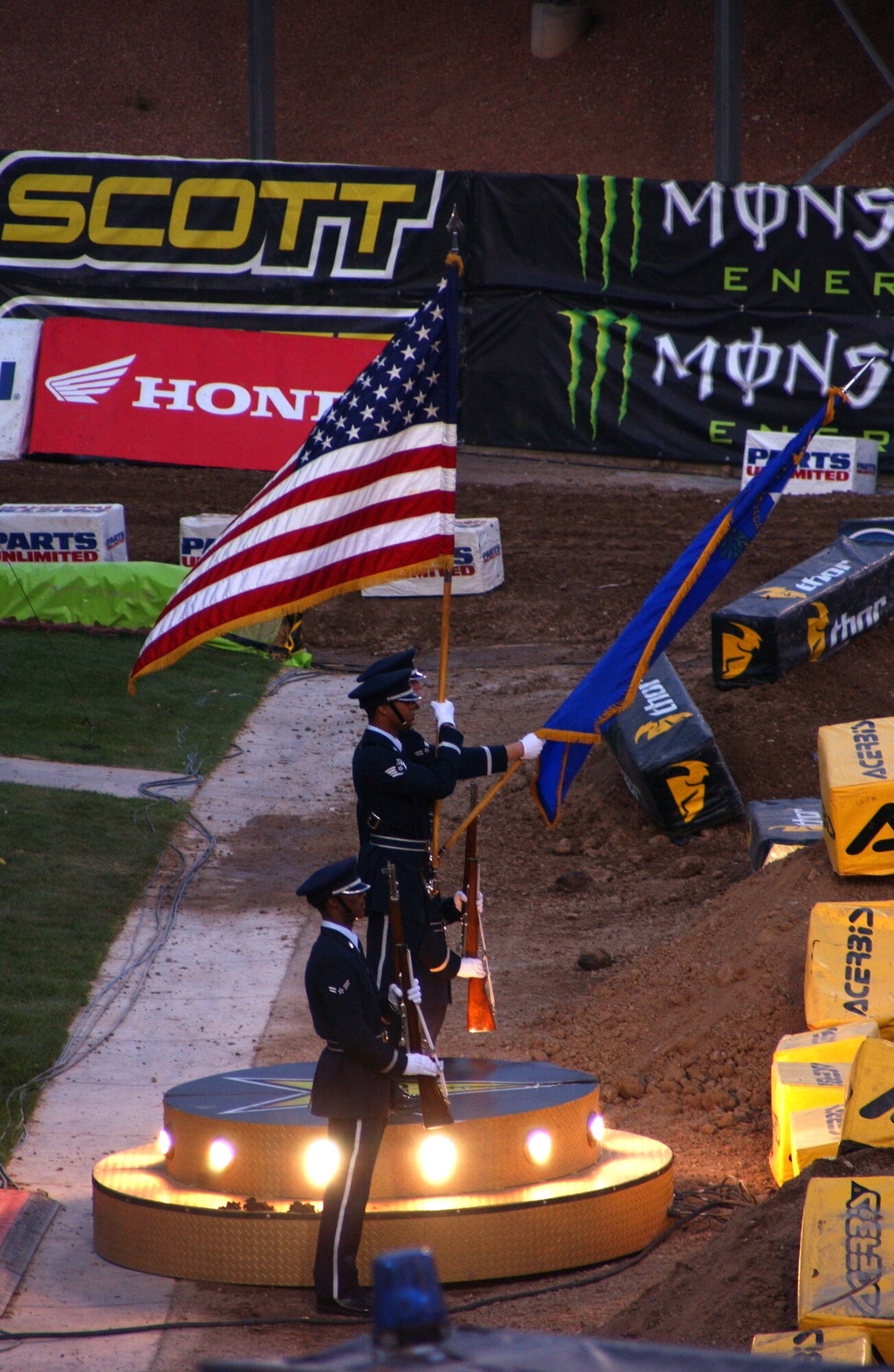 Airmen from the Nellis Honor Guard present the colors at the soldout 2008 Monster Energy Supercross Championship held at Sam Boyd Stadium May 5, Las Vegas, Nev. The U.S. Air force is a major series sponsor for the American motorcyclist Association Motocross championship. (U.S. Air Force photo/Airman 1st Class Ryan Whitney) 