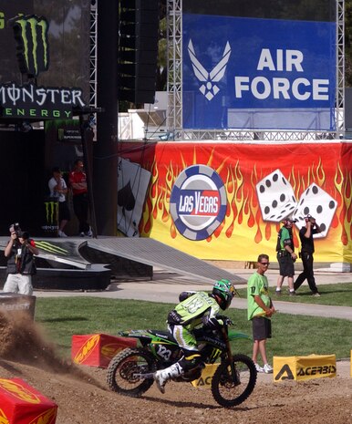 Brett Metcalfe, western region supercross competitor,races around the track during the qualification heat during the 2008 Monster Energy Supercross Championship held at Sam Boyd Stadium May 5, Las Vegas, Nev.  The U.S. Air force is a major series sponsor for the American motorcyclist Association Motocross championship. (U.S. Air Force photo/Airman 1st Class Ryan Whitney)