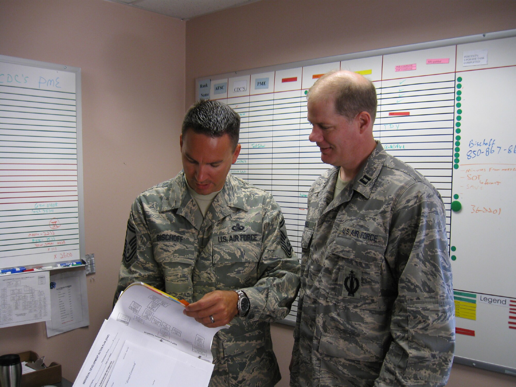 SEYMOUR JOHNSON AIR FORCE BASE, N.C. -- Senior Master Sgt. Brian Bischoff (right)  reviews communication checklists with Capt. Marc Boswell. The checklists are in preparation for the 916th's Unit Compliance Inspection being held in early July. Both reservists are members of the 916th Communications Squadron.