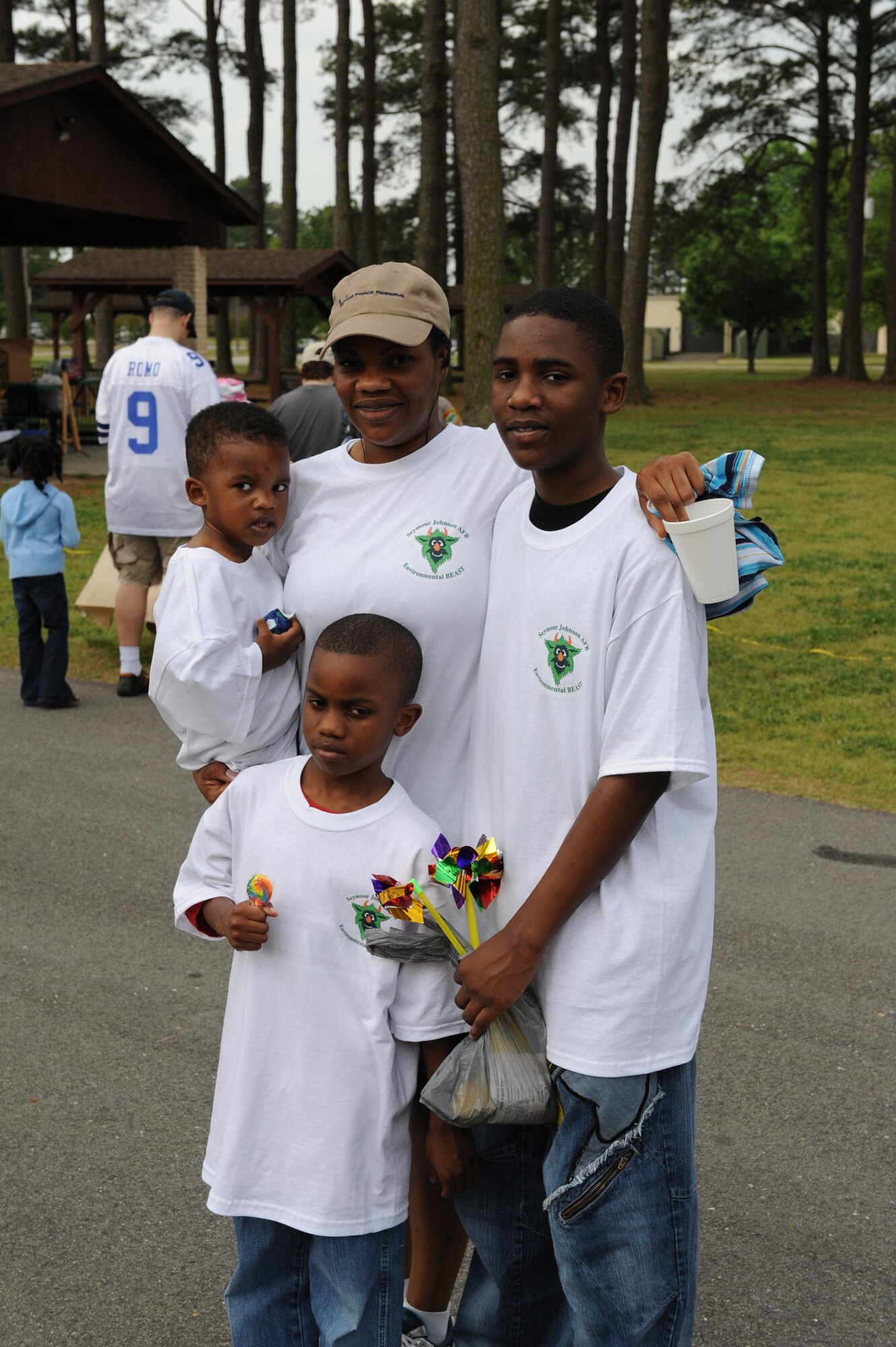 SEYMOUR JOHNSON AIR FORCE BASE, N.C. -- Tech. Sgt. Yasheda Lyons and her sons show off some Seymour spirit during the base's Family Fun Run in late April. Sgt. Lyons is a member of the 916th Mission Support Flight.