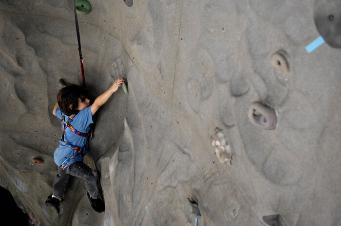Jared Arredondo climbs the simulated rock wall at the Outdoor Recreational Center on Charleston AFB May 7. Base members are allowed to pay to use the facilities at the ORC during the hours of 8 a.m. to 5 p.m. Monday through Friday. Jared, 7, is the son of Tech. Sgt. Mark and Staff Sgt. Jennifer Arrendondo. (U.S. Air Force photo/Staff Sgt. Joshua DeMotts)
