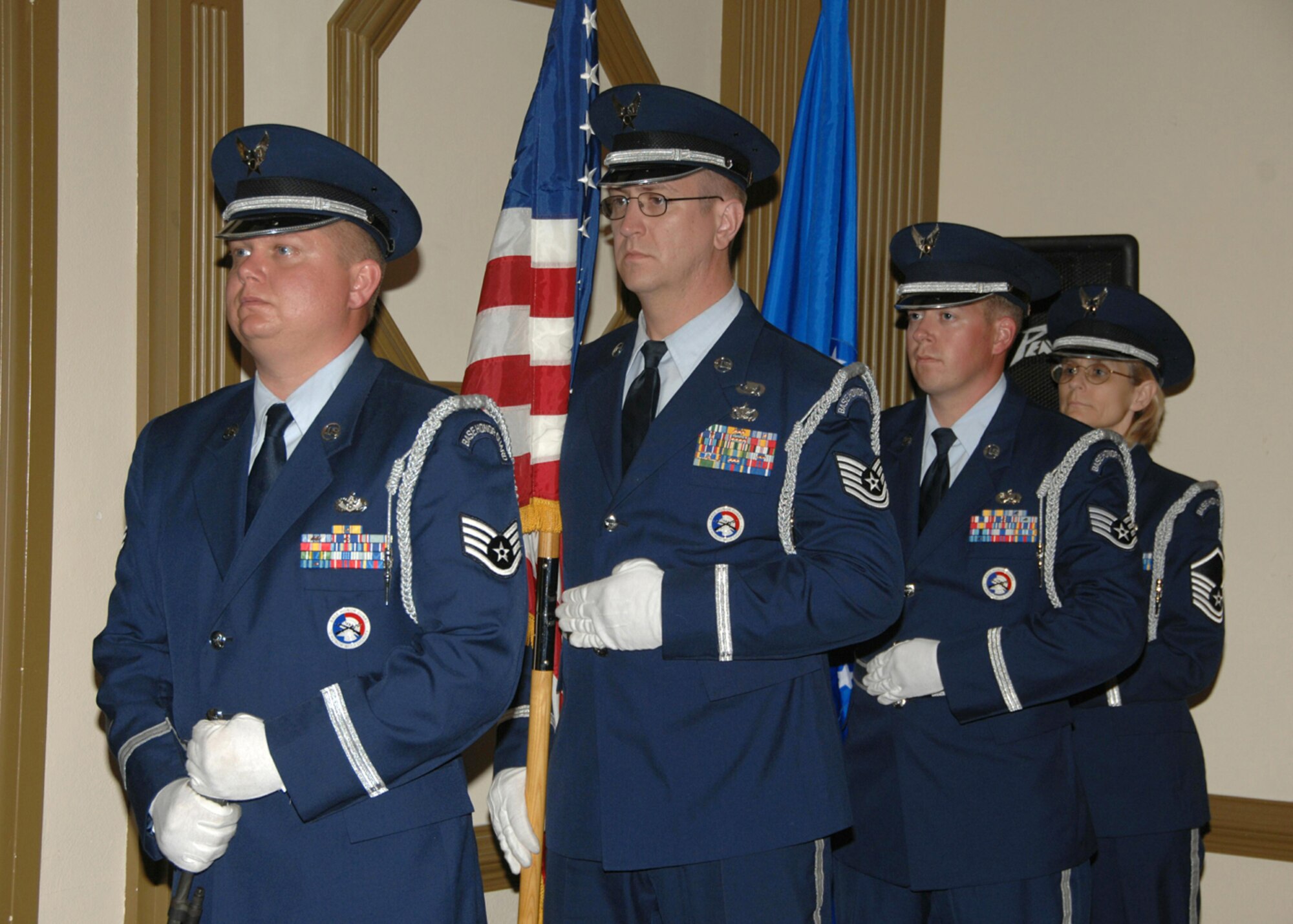 SEYMOUR JOHNSON AIR FORCE BASE, N.C. -- Members of the 916th Air Refueling Wing Color Guard were on hand to help open the annual NCO Recognition Ceremony during the May unit training assembly. U.S. Air Force photo/TSgt. Gillian Albro