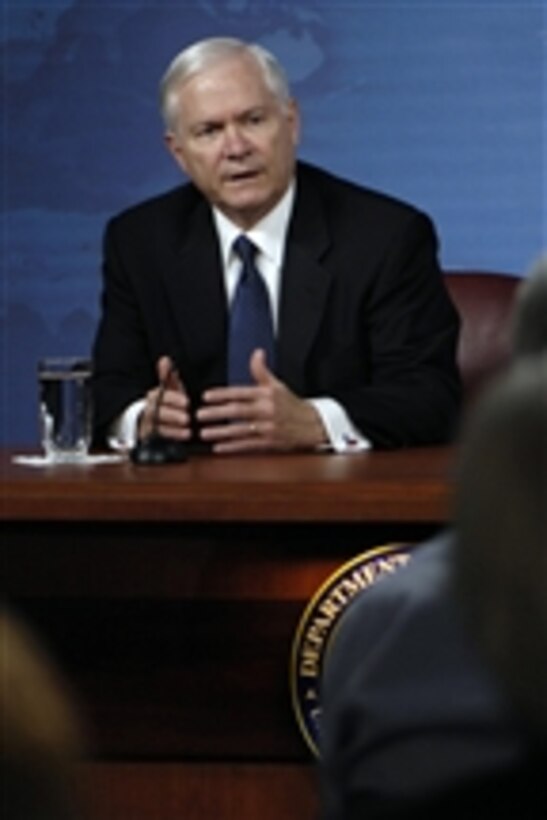Secretary of Defense Robert M. Gates responds to a question during a press conference with Chairman of the Joint Chiefs of Staff Adm. Mike Mullen, U.S. Navy, in the Pentagon on May 8, 2008.  