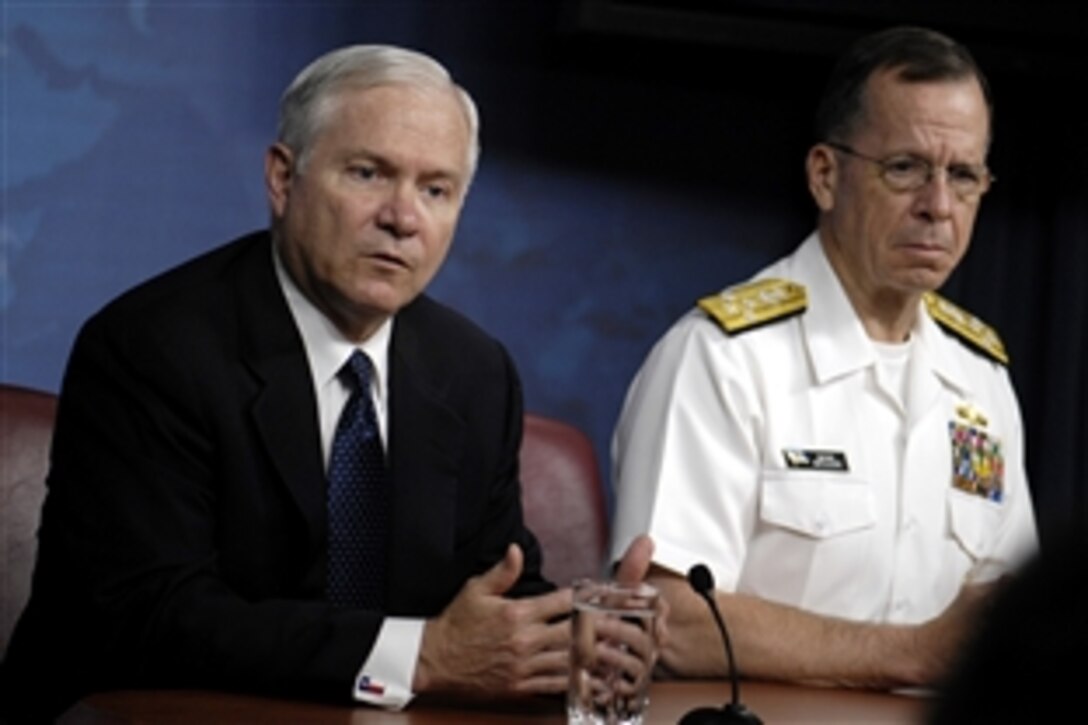 Defense Secretary Robert M. Gates and Chairman of the Joint Chiefs of Staff Navy Adm. Mike Mullen speak with members of the press at the Pentagon, May 8, 2008.  