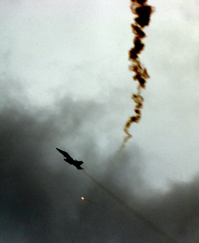 An F/A-18D from Marine All Weather Fighter Attack Squadron 242 deploys a flare in defense against a simulated surface-to-air missile known as a “Smoky Sam” during Northern Edge 2008 on the Pacific Alaska Range Complex. Northern Edge is a two-week tactical exercise that showcases the interoperability of the Army, Navy, Air Force and Marine Corps and provides the opportunity to hone current and test future applications of combat operations and weapon capabilities in a joint environment.