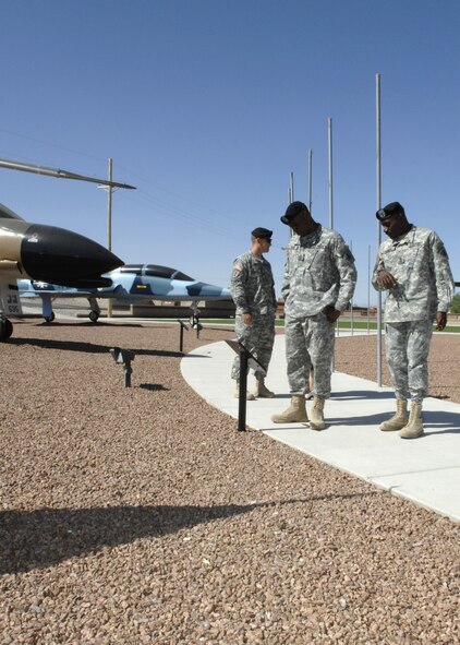 HOLLOMAN AIR FORCE BASE, N.M.,-- U.S. Army Master Sergeants observe the aircraft at Heritage Park during a base tour here May 6. They are preparing to graduate from a ten month long Sergeant Major Academy at Fort Bliss Texas. (U.S. Air Force photo/Airman 1st Class Rachel A. Kocin)