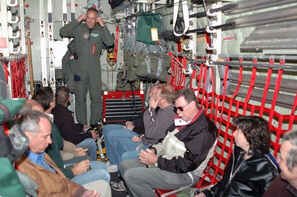 Master Sgt Kennith A. Valdez, 731st Airlift Squadron loadmaster explains to reservists employers of 302nd Airlift Wing the preflight safety brief.  Employers were invited out for the 3 May 2008 unit training assembly at Peterson Air Force Base, Colo. for mission breifings and a local area flight.  Aircrew members met with employers to keep them informed of the unit’s contributions with the ongoing operations in Operation Iraqi Freedom and Enduring Freedom. (Air Force Photo/ Capt. Jody L. Ritchie)