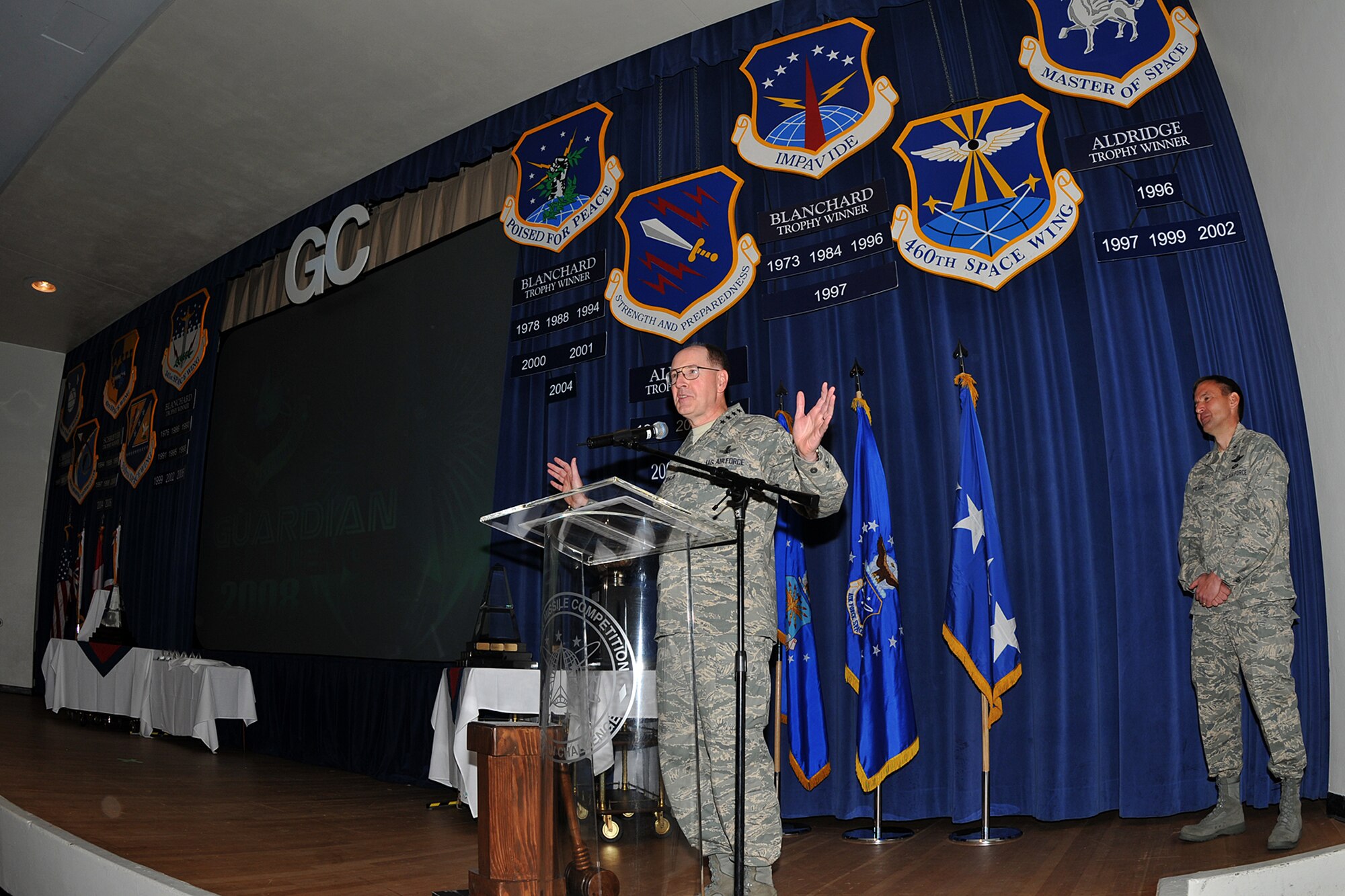 Gen. C. Robert Kehler, commander of Air Force Space Command, speaks to Guardian Challenge team members May 8 during the Guardian Challenge 2008 opening ceremony at Peterson Air Force Base, Colo.  The Guardian Challenge competition pits the command's several space wings against each other to see who is the "best of the best" in areas of expertise, including security forces, communications, missile combat or satellite operations. (U.S. Air Force photo/Larry Hulst)