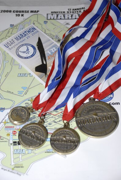 Senior Air Force leaders will present participants in this year's Air Force Marathon with medals similar to the ones pictured here. The marathon will be held Sept. 20 at Wright-Patterson Air Force Base, Ohio.  (U.S. Air Force photo/Staff Sgt. Monique Randolph)