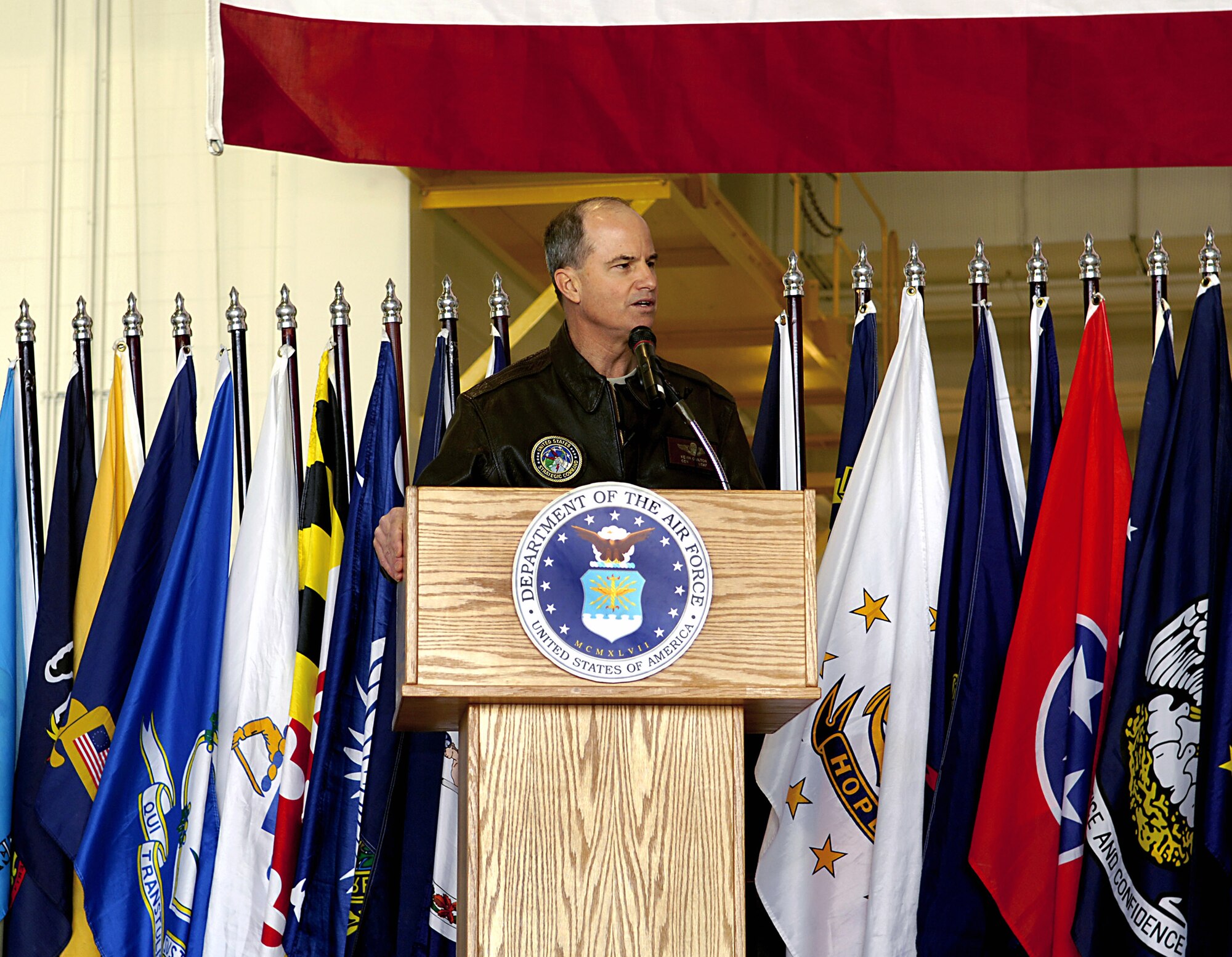 Gen. Kevin P. Chilton addresses more than 1,000 5th Bomb Wing Airman May 2 at Minot Air Force Base, N.D. General Chilton is the U.S. Strategic Command commander. (U.S. Air Force photo/Airman 1st Class Jesse Lopez) 
