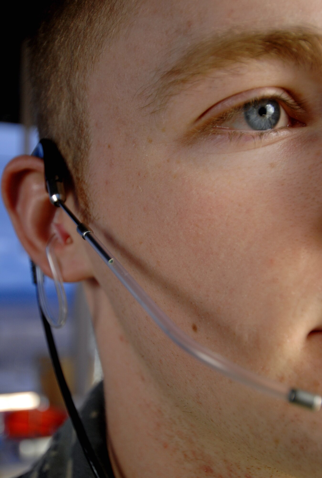 Airman First Class Ross Facer, an air traffic control apprientice assigned to the 354th Operations Support Squadron at Eielson AFB, Alaska, uses an ear piece headset and a watchful eye to monitor and communicate with aircraft pilots prior to take-off May 7, 2008. These headsets allow secure communications to aircraft pilots during take-off, flight and landing.  Air traffic controllers monitors all airspace prior to aircraft taking off, transitioning into Eielson AFB airspace, and landing to ensure all aircraft launch, fly, and land safely.

(U.S Air Force Photo by Tech. Sgt Eric T. Sheler)
