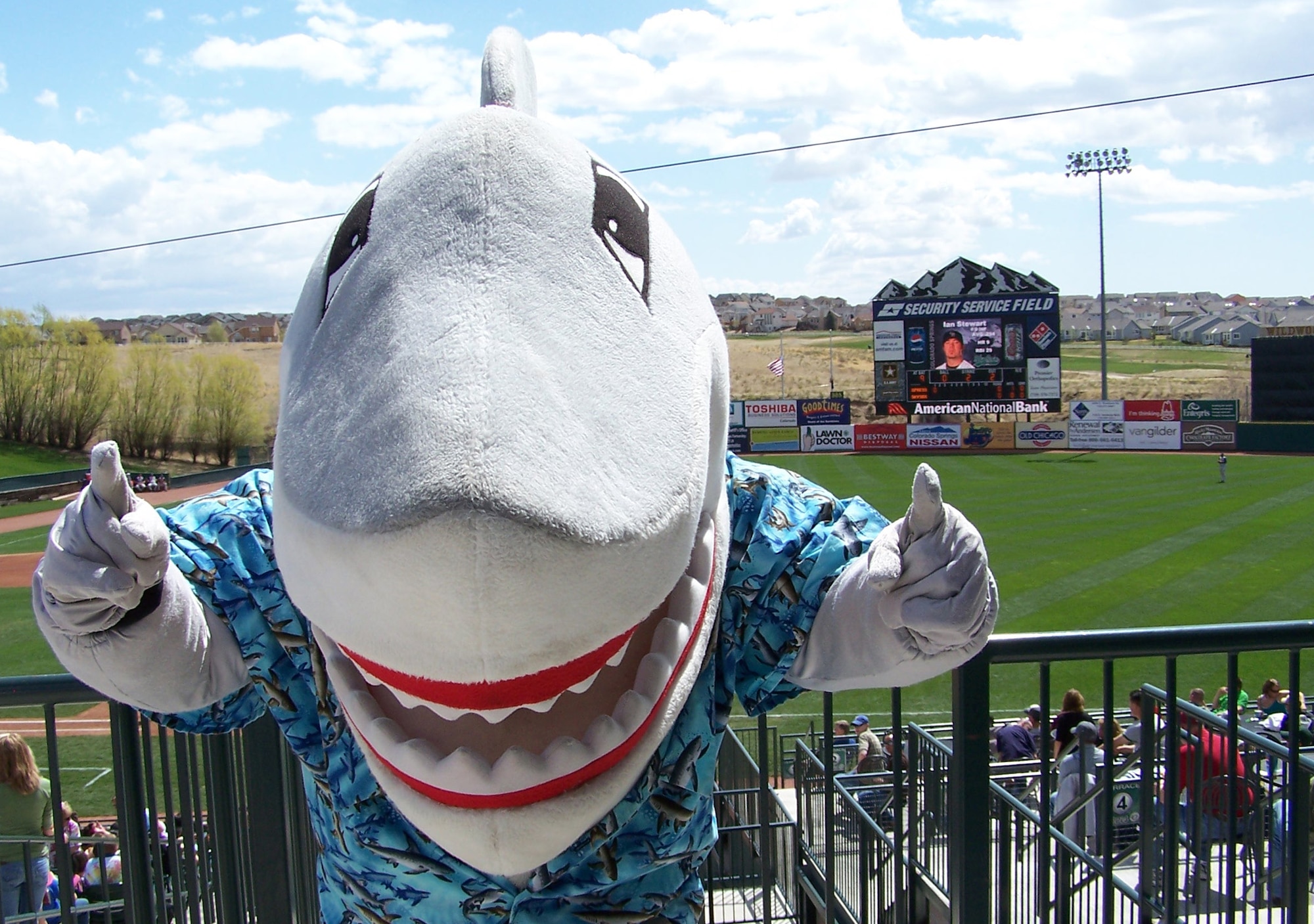 Snark the Shark, mascot for the 45th Space Wing, based at Patrick Air Force Base, Fla., takes time out for snapshot at Security Service Field before a local baseball game May 8 in Colorado Springs, Colo. Guardian Challenge team members descended upon the stadium as the teams prepared for three days of GC events, including a golf tournament, space and missile forum and awards and dinner banquet May 9. The Guardian Challenge competition pits the command’s several space wings against each other to see who’s the “best of the best” in areas of expertise, including security forces, communications, missile combat or satellite operations. (U.S. Air Force photo/Master Sgt. Matt Gilreath)