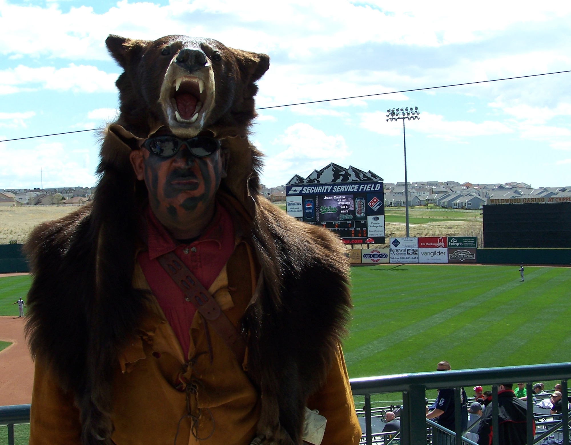 Grizz, mascot for the 341st Space Wing, based at Malmstrom Air Force Base, Mont., takes time out for snapshot at Security Service Field before a local baseball game May 8 in Colorado Springs, Colo. Guardian Challenge team members descended upon the stadium as the teams prepared for three days of GC events, including a golf tournament, space and missile forum and awards and dinner banquet May 9. The Guardian Challenge competition pits the command’s several space wings against each other to see who’s the “best of the best” in areas of expertise, including security forces, communications, missile combat or satellite operations. (U.S. Air Force photo/Master Sgt. Matt Gilreath)