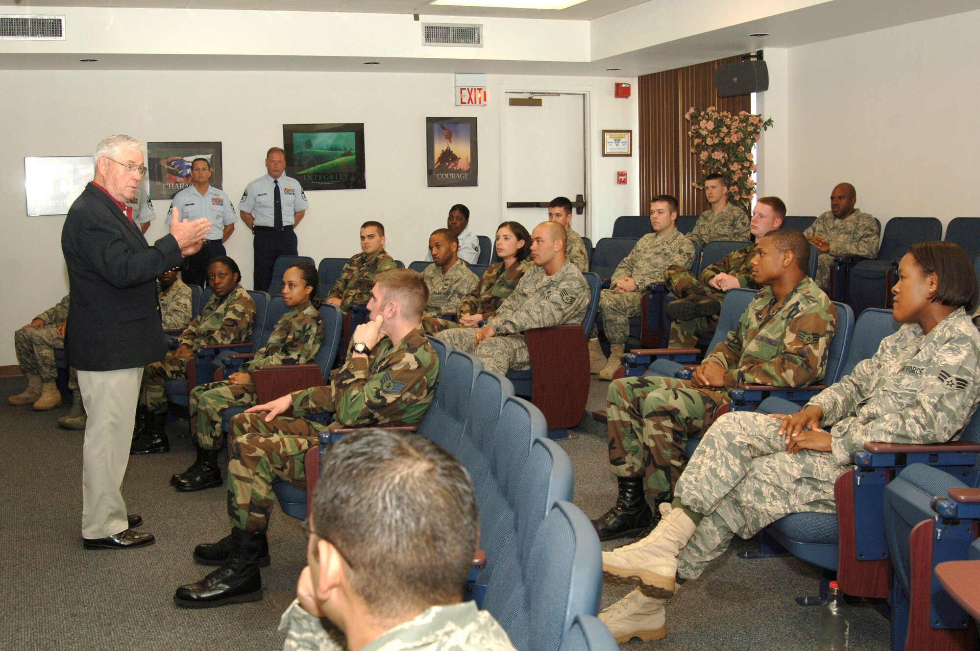 U.S. Air Force Chief Master Sergeant of the Air Force (Retired) Robert D. Gaylor gives a speech to Airman Leadership School stundents at Macdill AFB, FL on April 25, 2008.  CMSgt Gaylor attended many functions on Macdill to give words of wisdom to young Airman.  