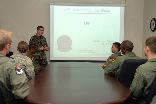 Senior Airman Brandon Peterson, 43rd Electronic Combat Squadron intelligence analyst, briefs members of the 43rd ECS on current issues regarding Operation Iraqi Freedom at the 43rd ECS on D-M April 10. (U.S. Air Force photo/Airman 1st Class Noah R. Johnson)
