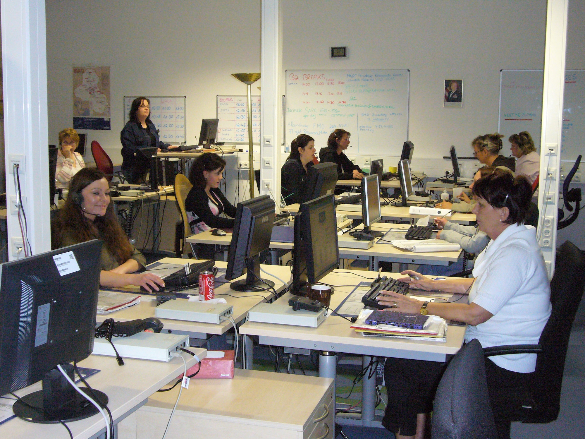 The USAFE Consolidated Switchboard at Ramstein is a staff of 40 personnel that work 24/7 to ensure calls are connected around the globe for the military community. (Photo by Capt. Erin Dorrance)  

