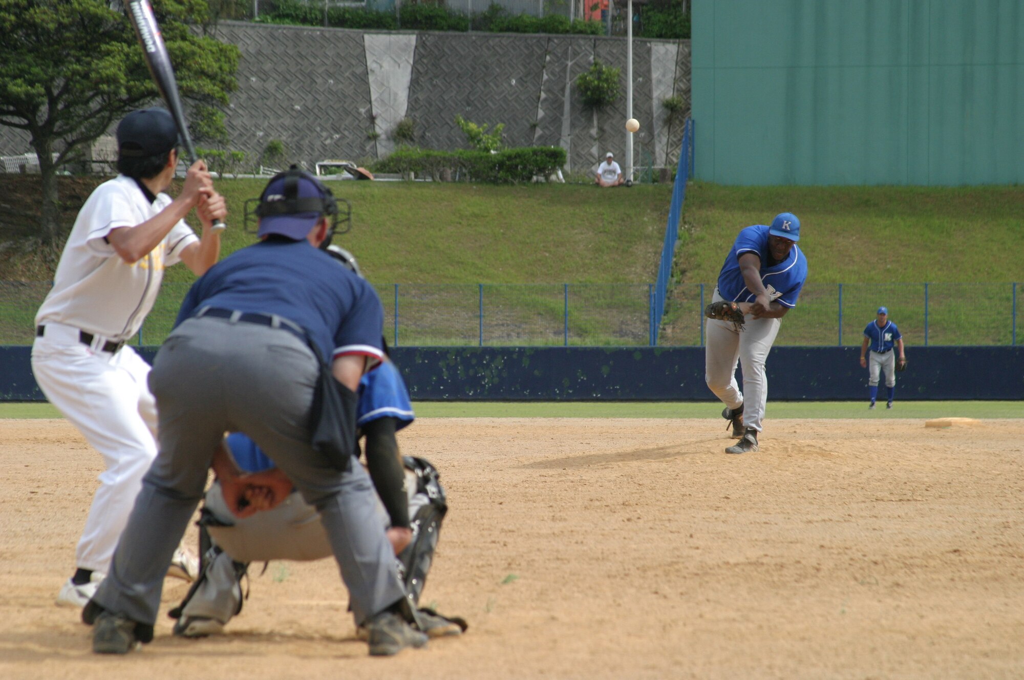 Kadena Eagles Pitcher Jahsan Page pitches during the Pepsi baseball tournament May 4 at the Kadena Municipal Sport Stadium. Although the team lost the game, the Eagles will participate in other tournaments later this year, including the Green Kumesen Cup, Orion Cup and Victory Gym Fall Tournament.
(U.S. Air Force/Senior Airman Nestor Cruz) 